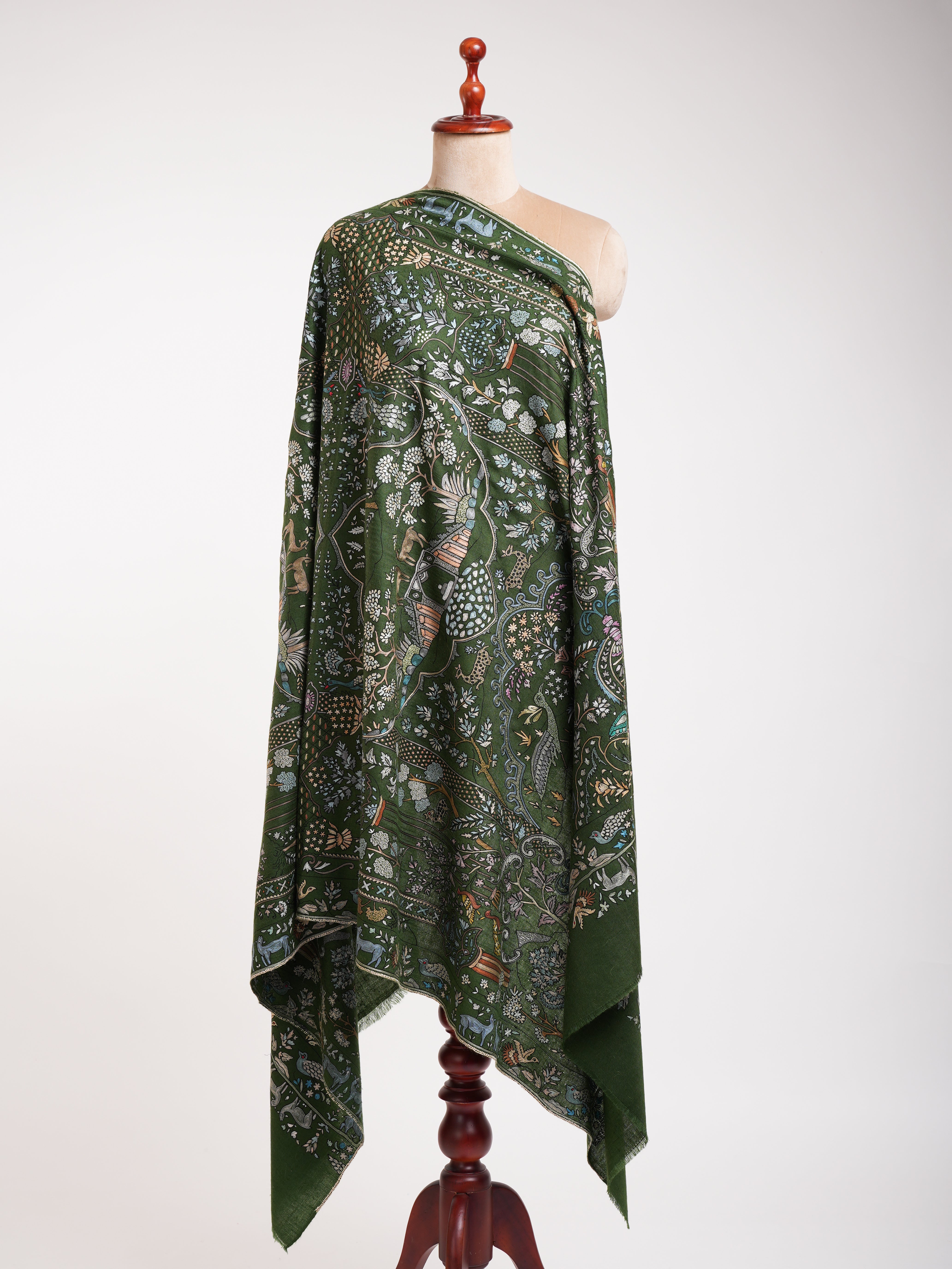 Handcrafted Indian Pashmina Embroidered Shawl in Green