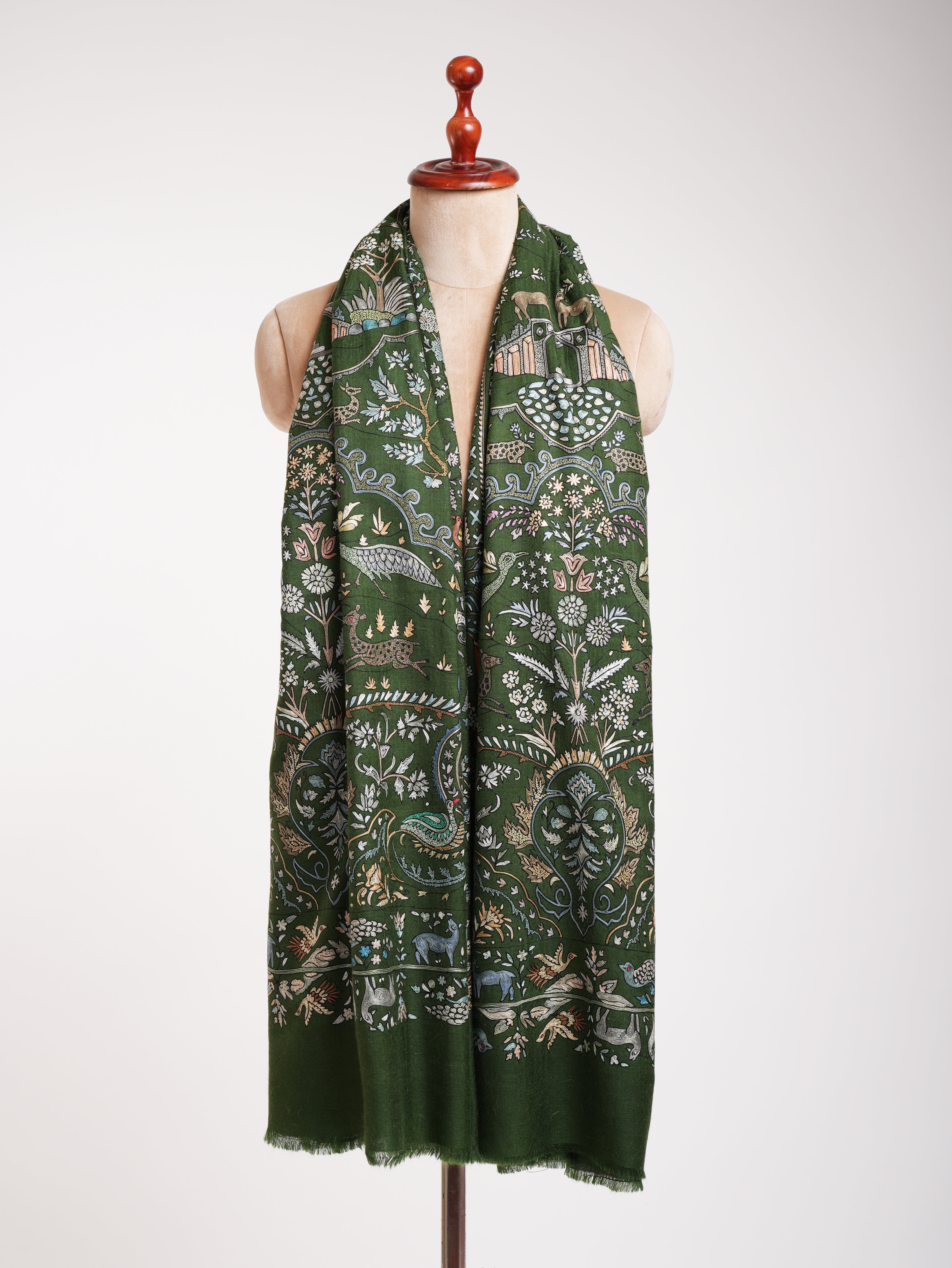 Handcrafted Indian Pashmina Embroidered Shawl in Green