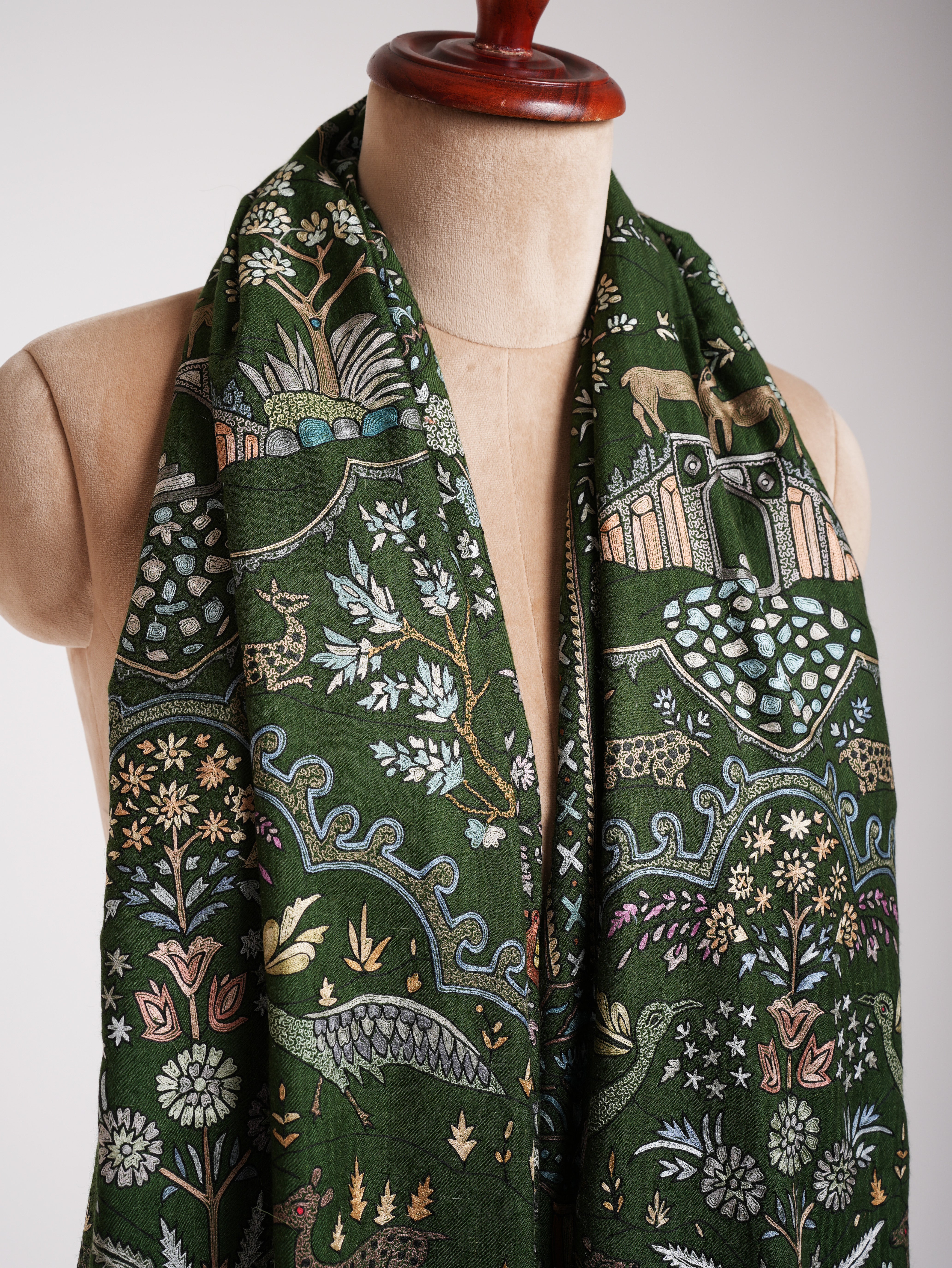 Handcrafted Indian Pashmina Embroidered Shawl in Green