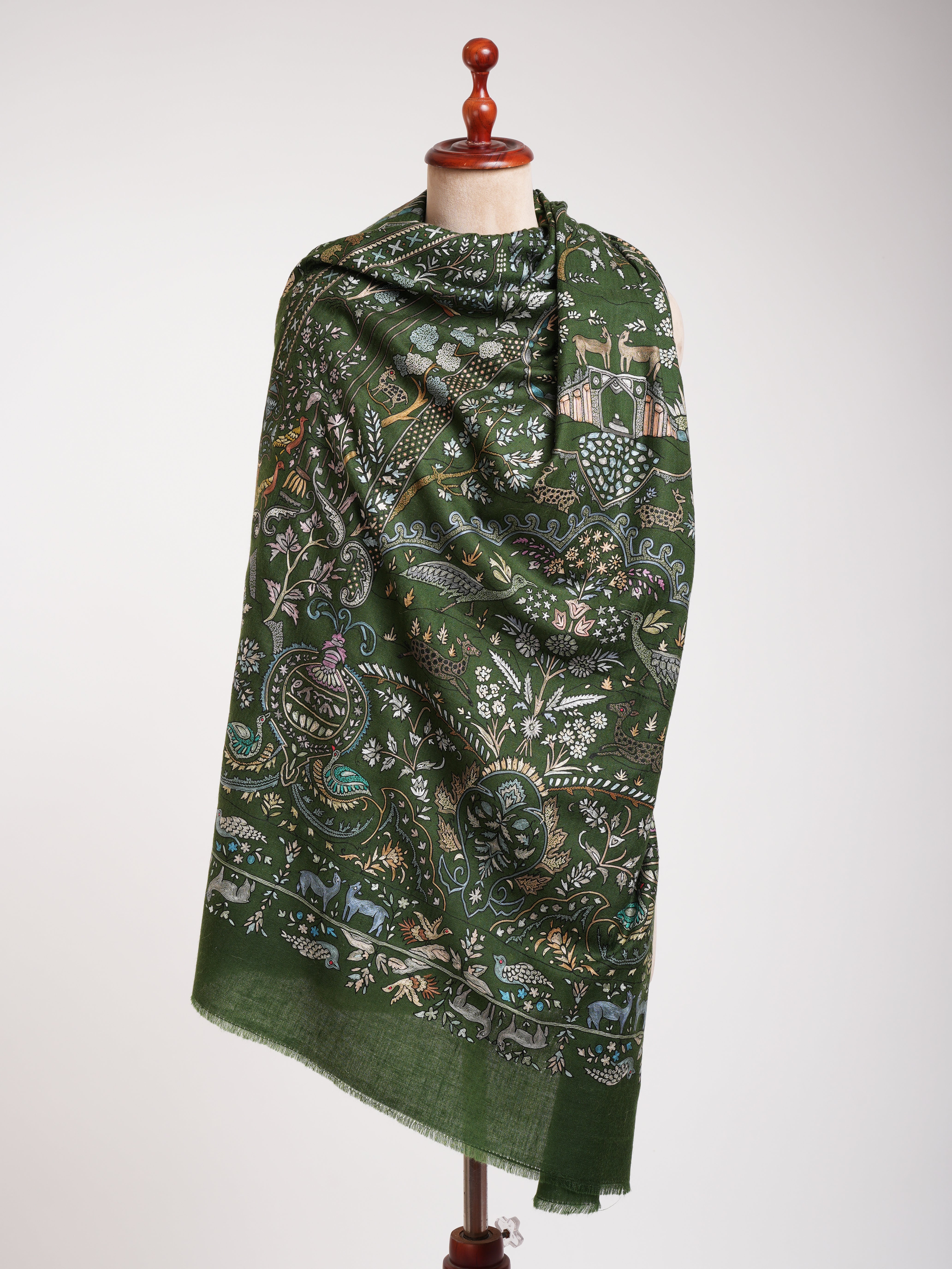 Handcrafted Indian Pashmina Embroidered Shawl in Green