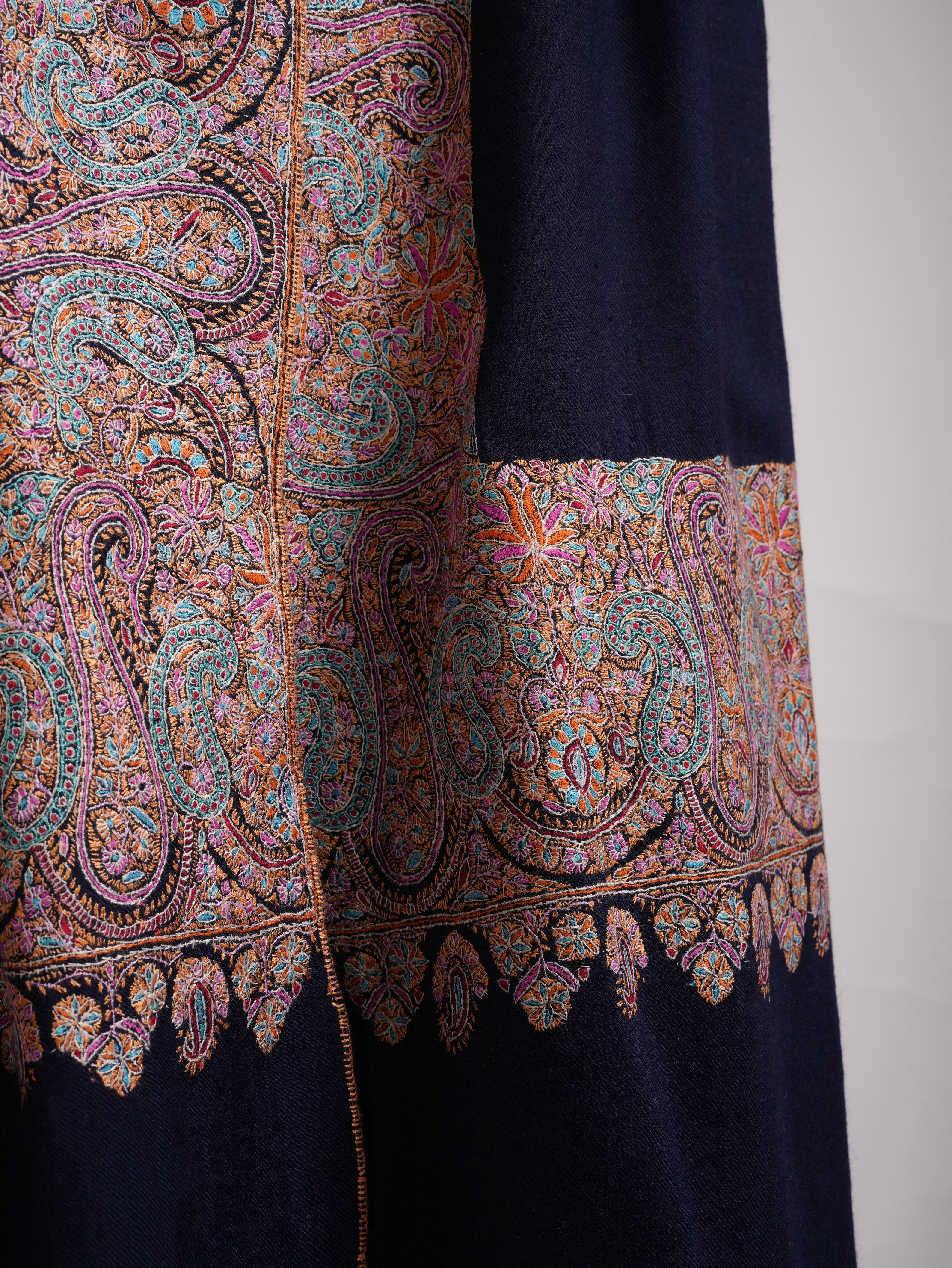 Traditional Kalanndaur Dark Blue Sozni Embroidered Shawl