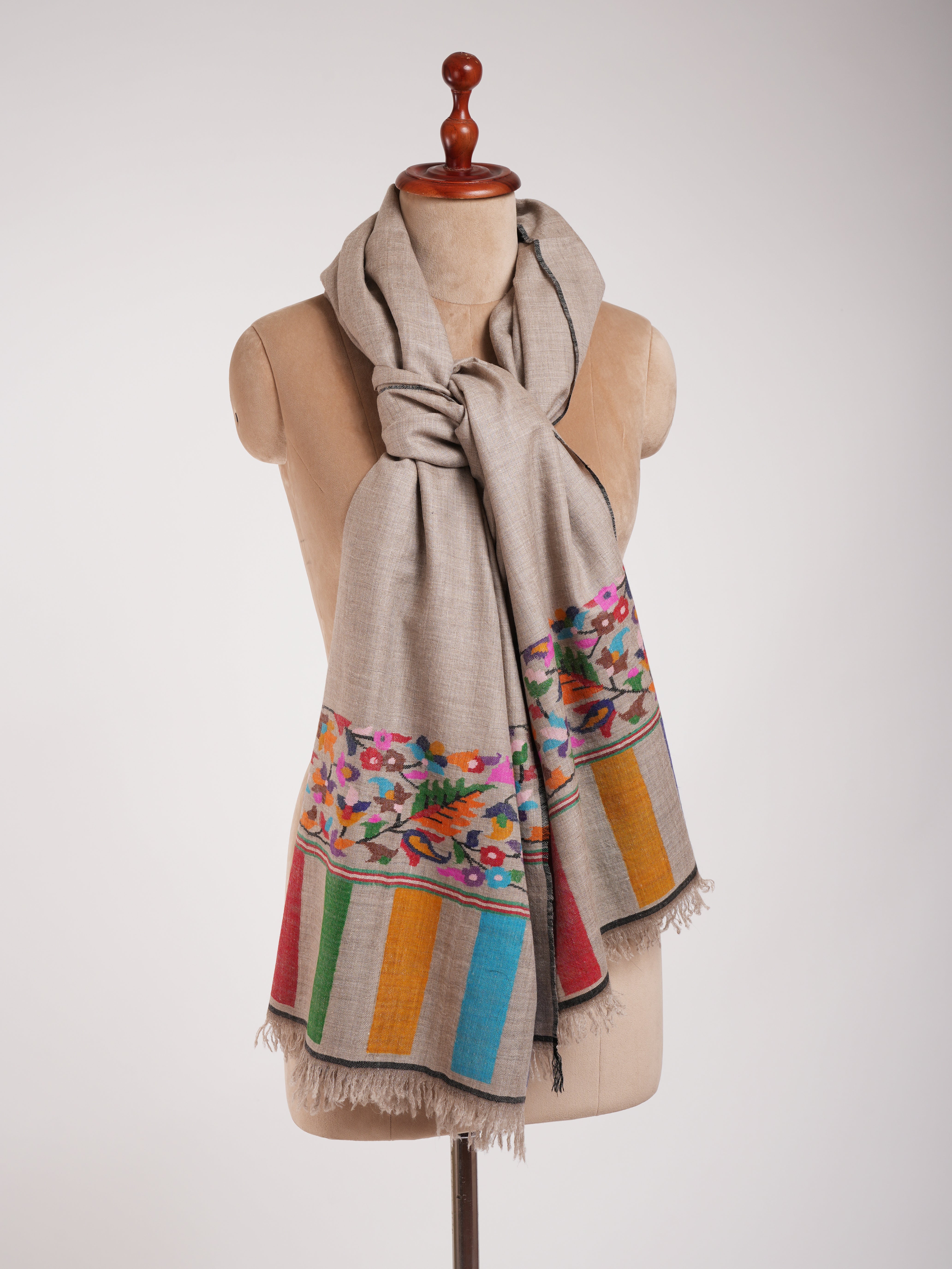 Grey Multicolor Handwoven Kani Pashmina Shawl