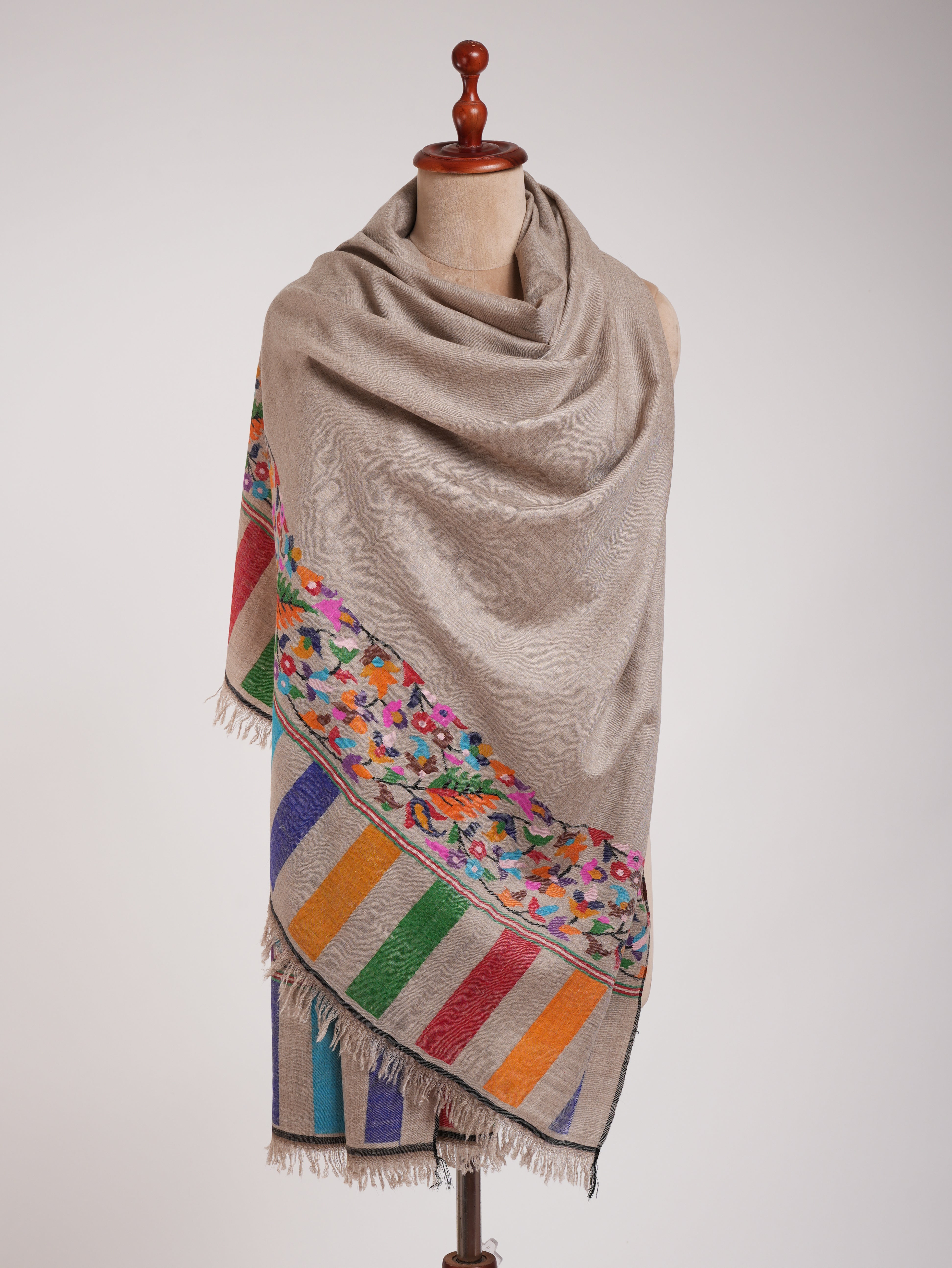 Grey Multicolor Handwoven Kani Pashmina Shawl