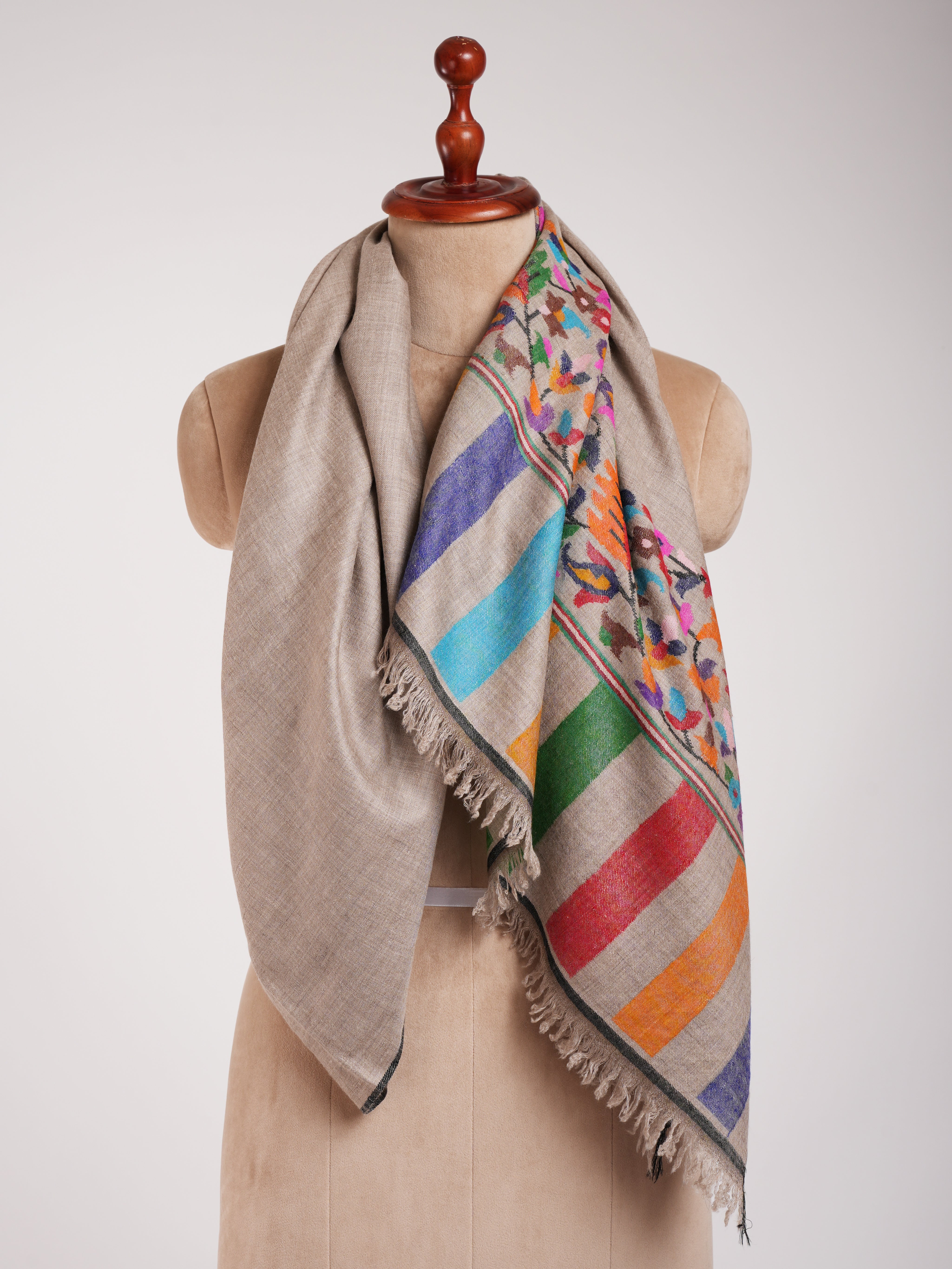 Grey Multicolor Handwoven Kani Pashmina Shawl