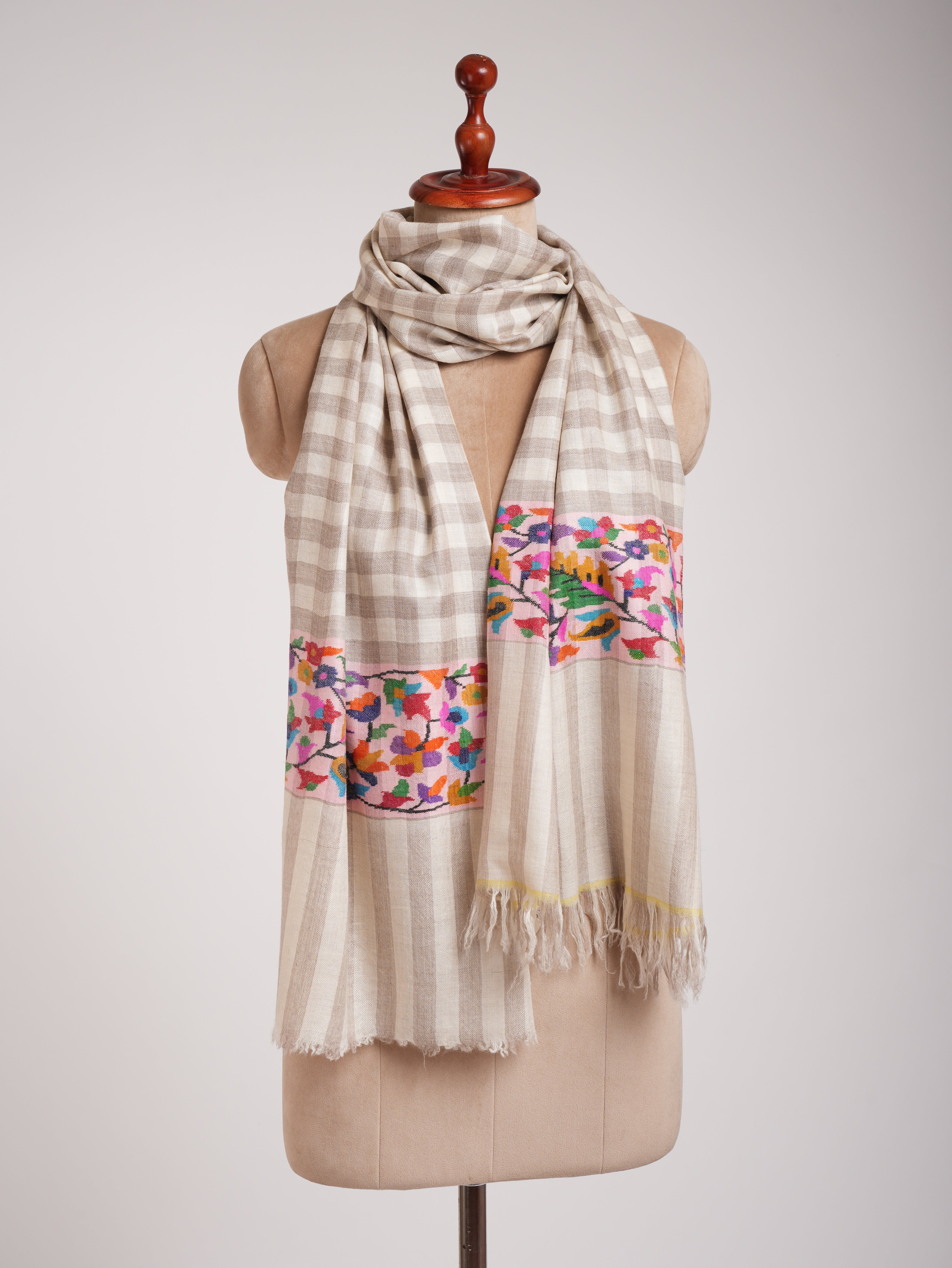 Zati and White Handwoven Multicolor Kani Pashmina Stole