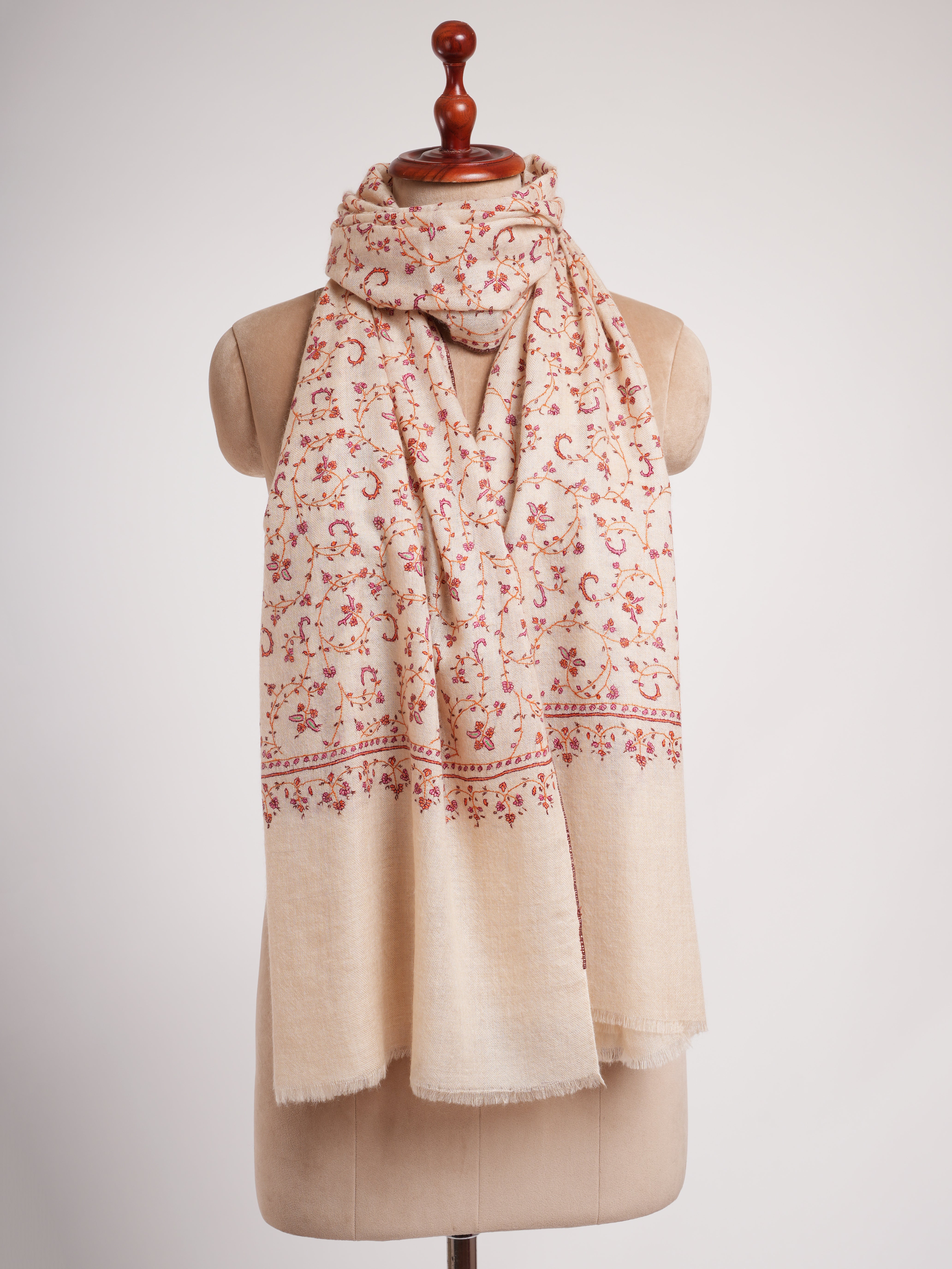 Ivory Sozni Embroidered Kashmiri Cashmere Scarf