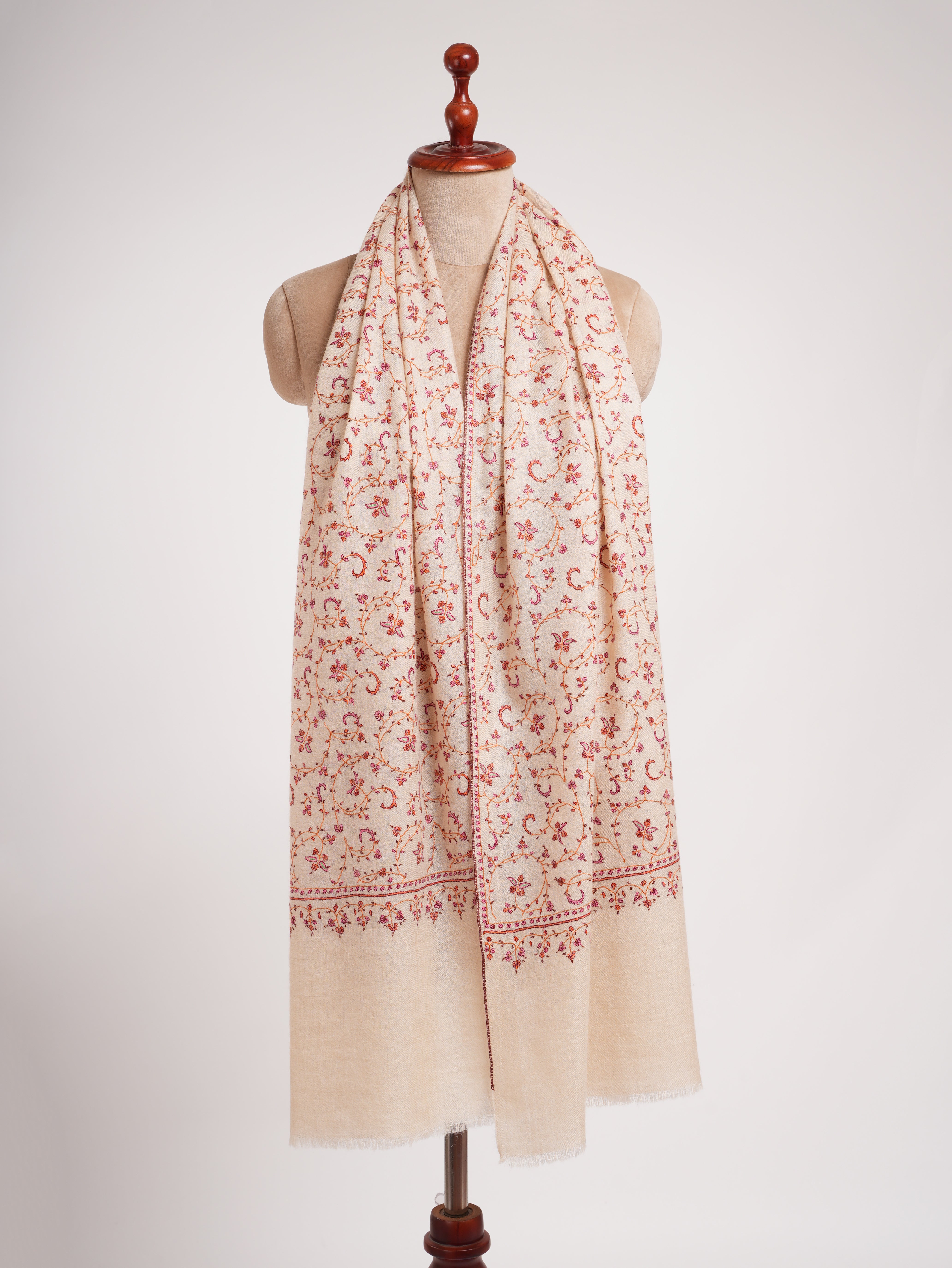 Ivory Sozni Embroidered Kashmiri Cashmere Scarf