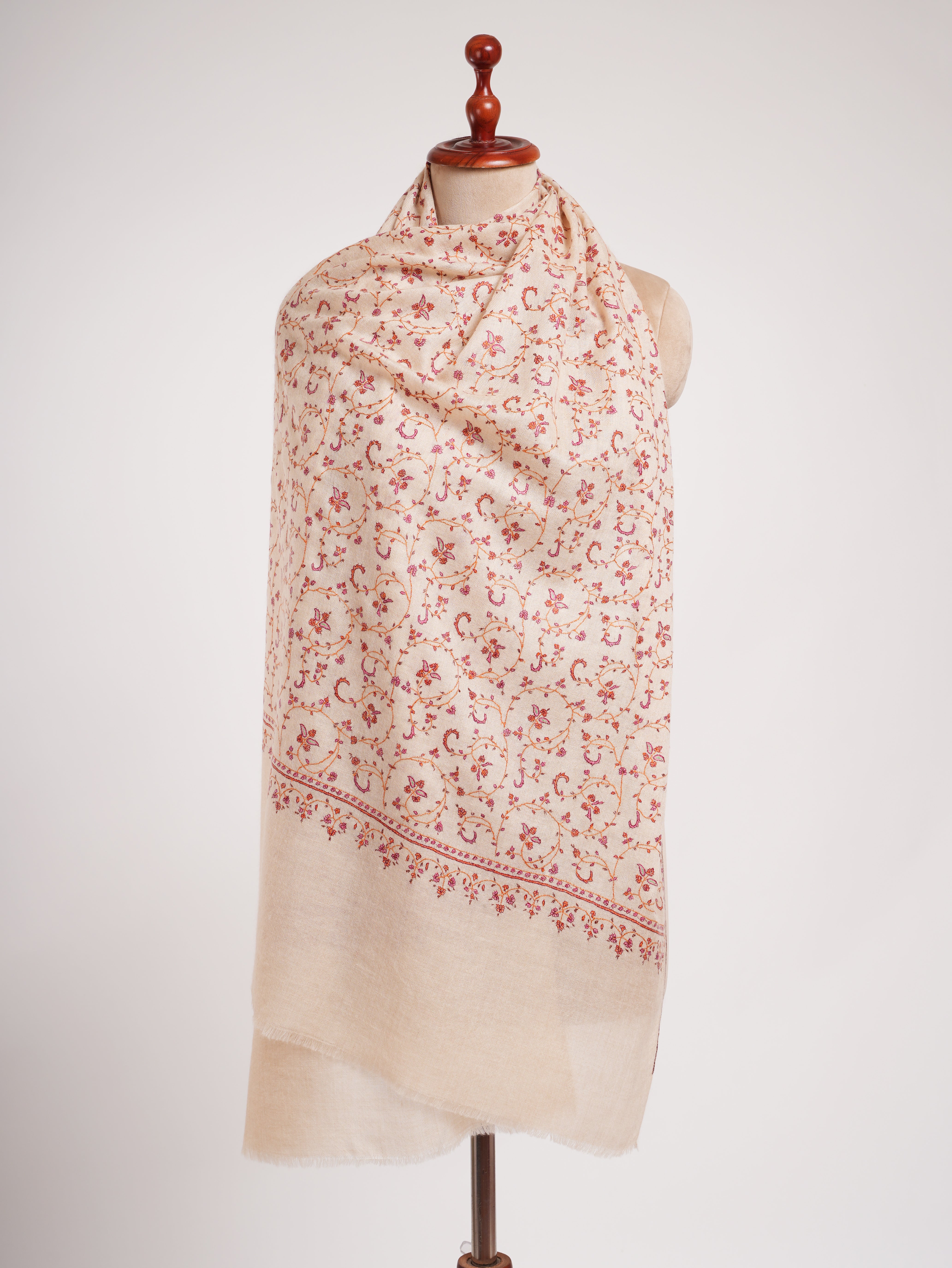 Ivory Sozni Embroidered Kashmiri Cashmere Scarf