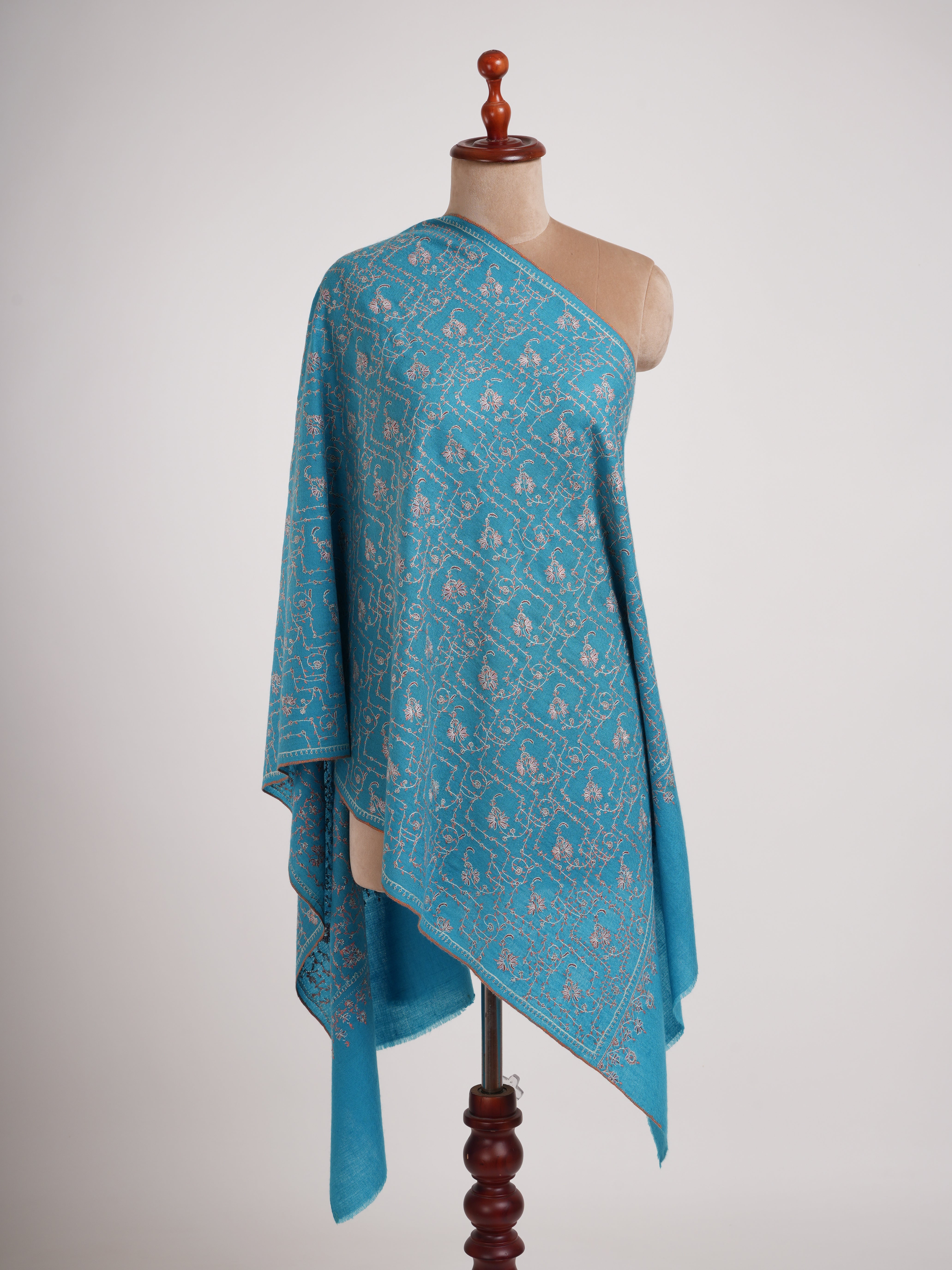 Turquoise Jaali Sozni Broidered Cachemire Pashmina châle