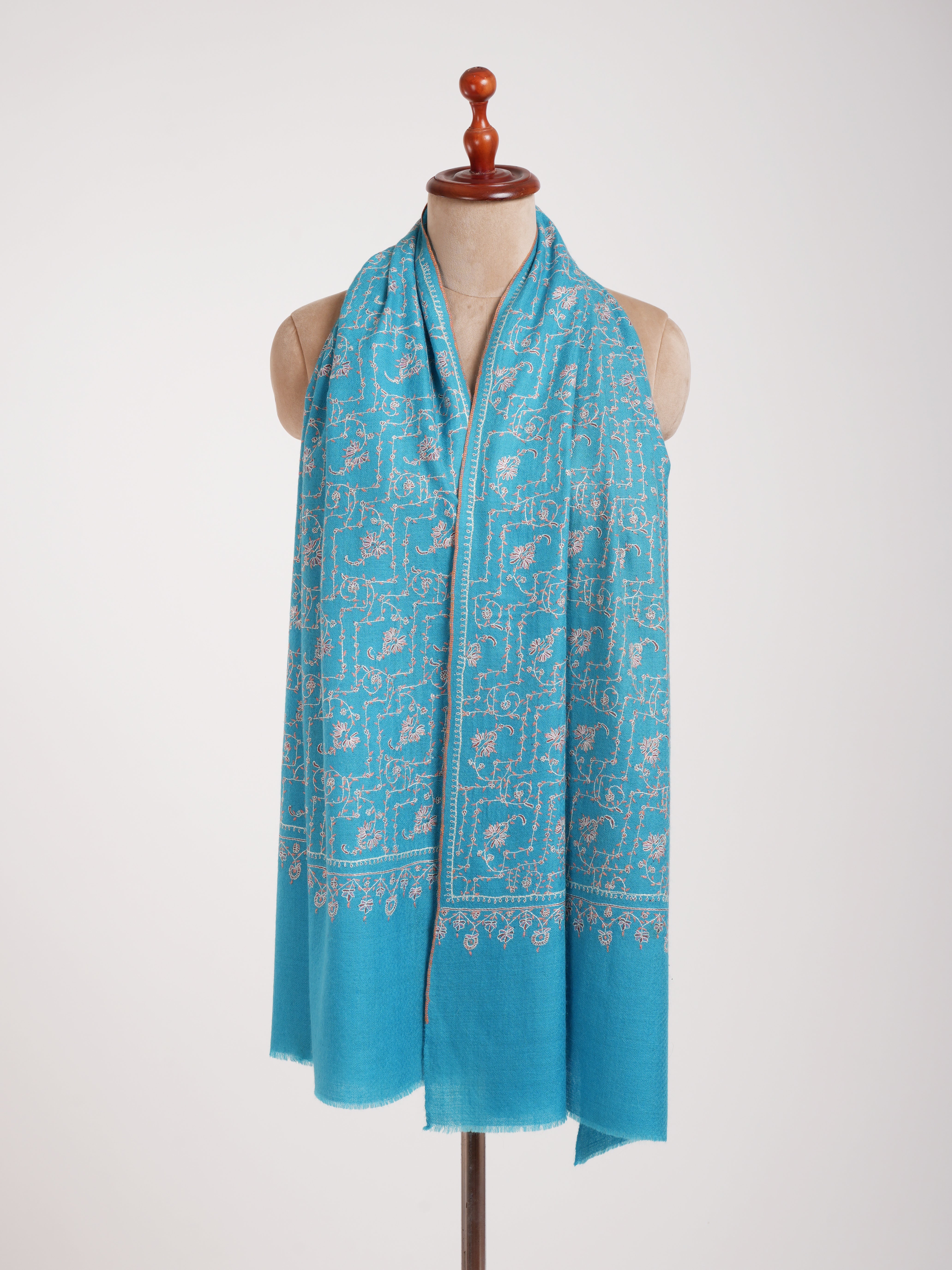 Turquoise Jaali Sozni Broidered Cachemire Pashmina châle