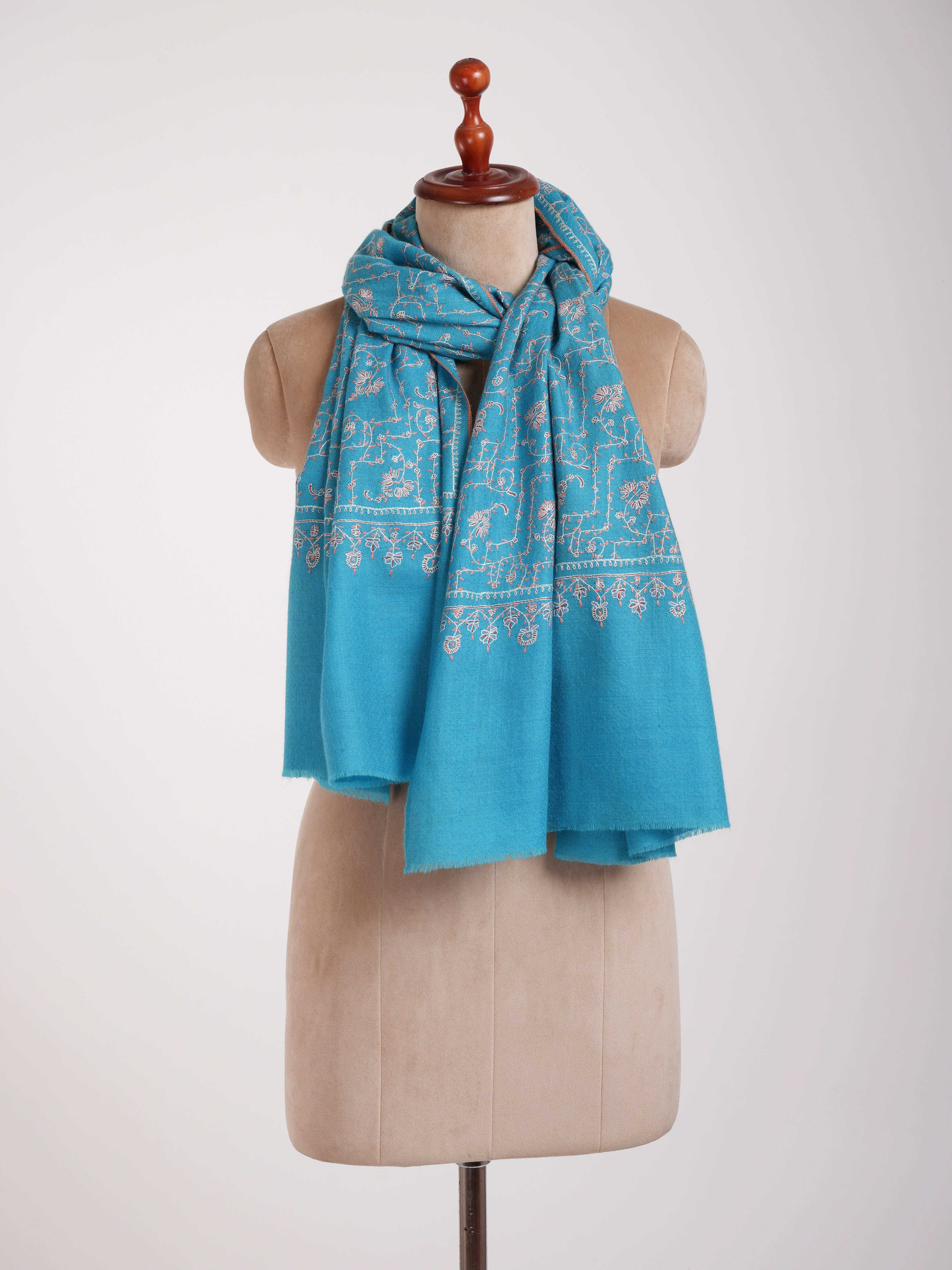 Turquoise Jaali Sozni Broidered Cachemire Pashmina châle