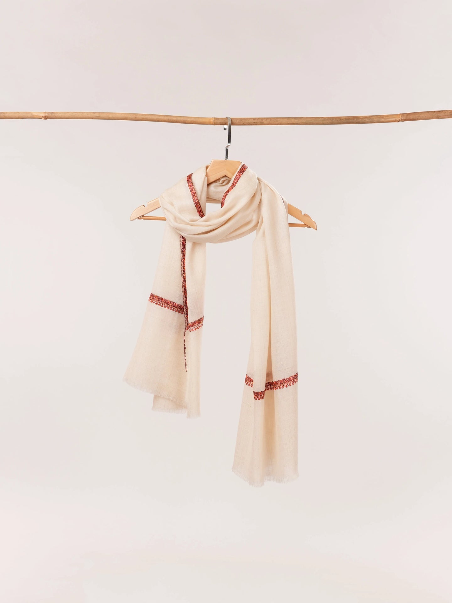 Natural Off White Bail Hand Embroidered Cashmere Scarf Shahkaar.com
