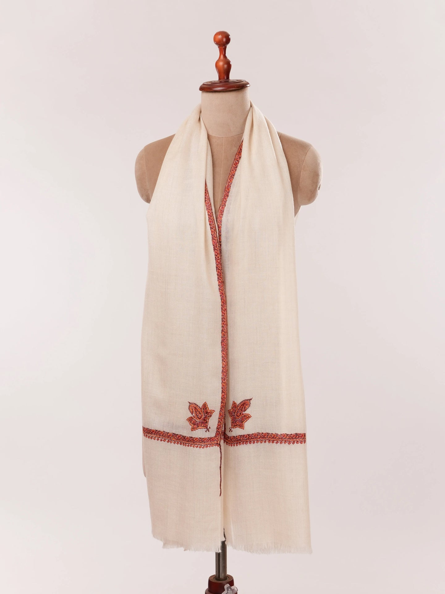 Natural Off White Bail Hand Embroidered Cashmere Scarf Shahkaar.com