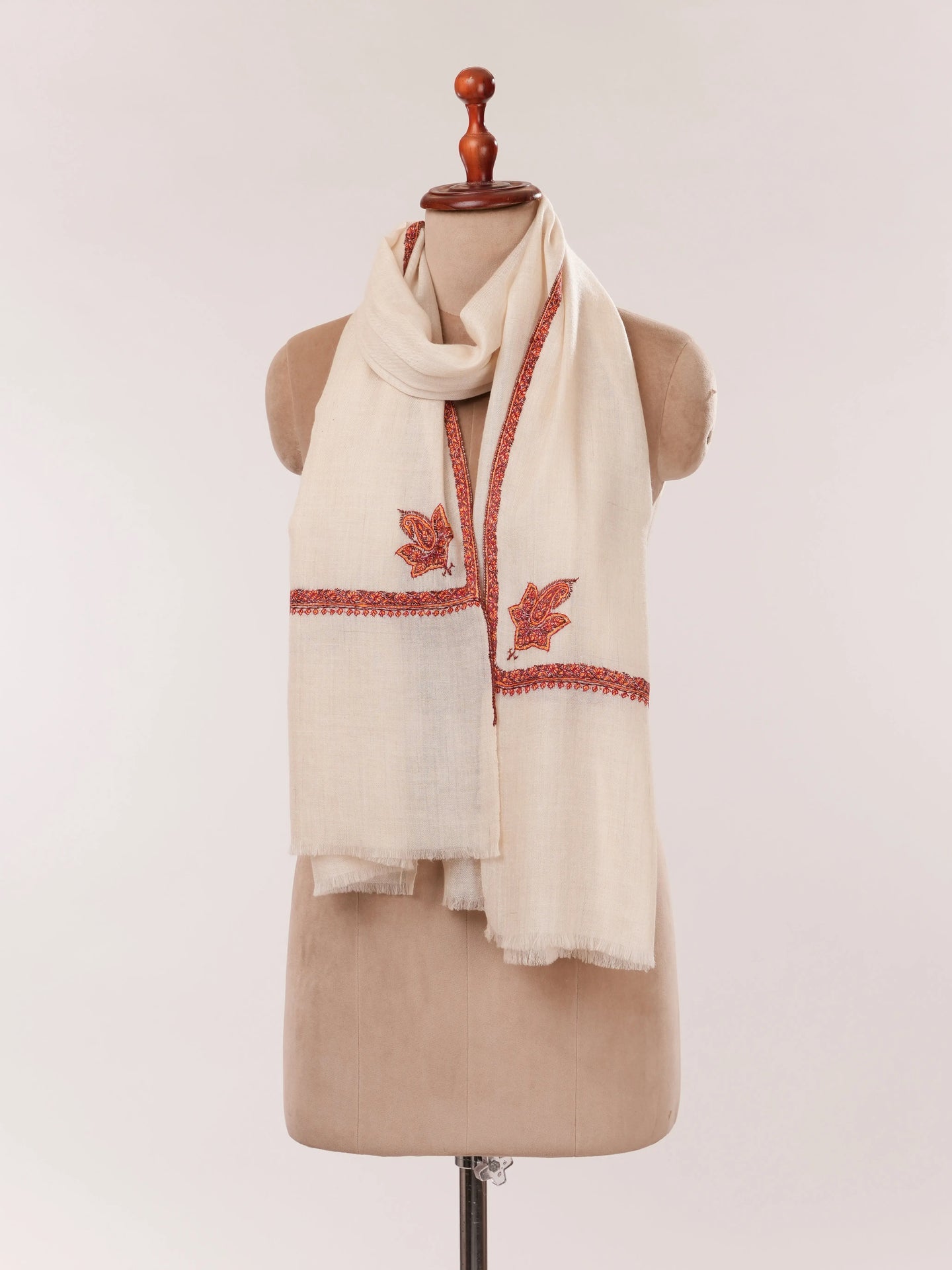 Natural Off White Bail Hand Embroidered Cashmere Scarf Shahkaar.com