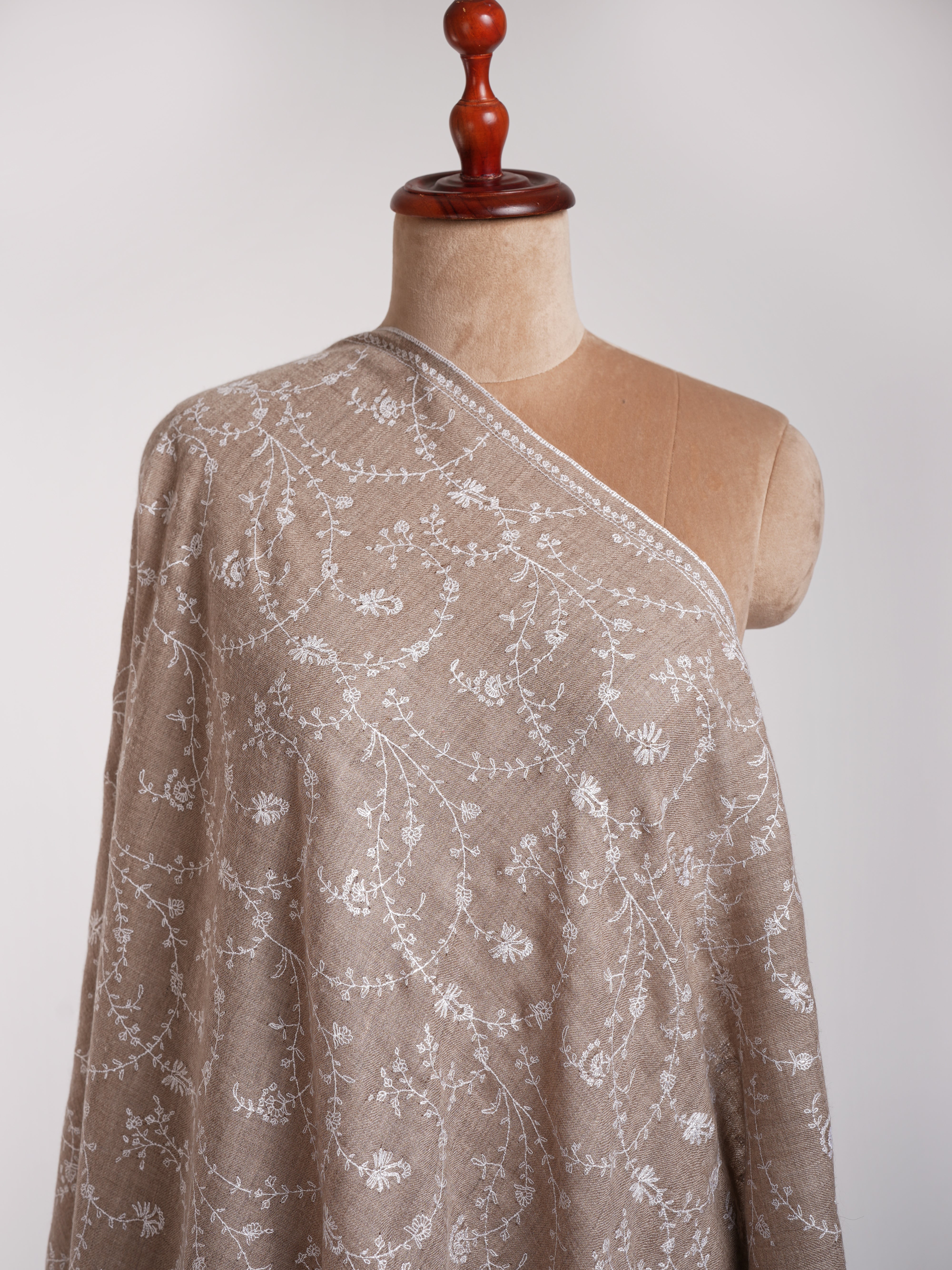 Natural Grey Indian Cashmere with White Sozni Embroidery