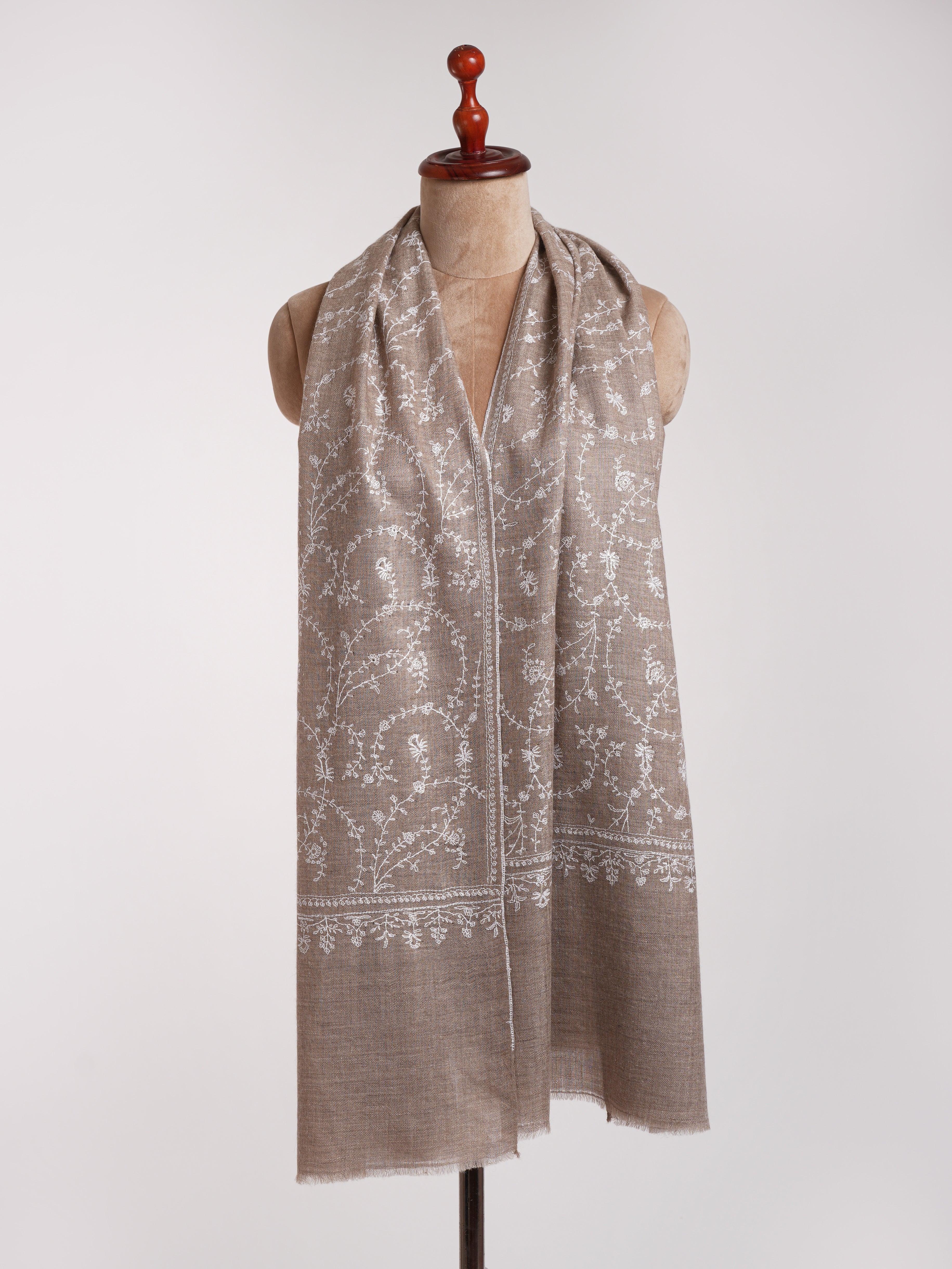 Natural Grey Indian Cashmere with White Sozni Embroidery