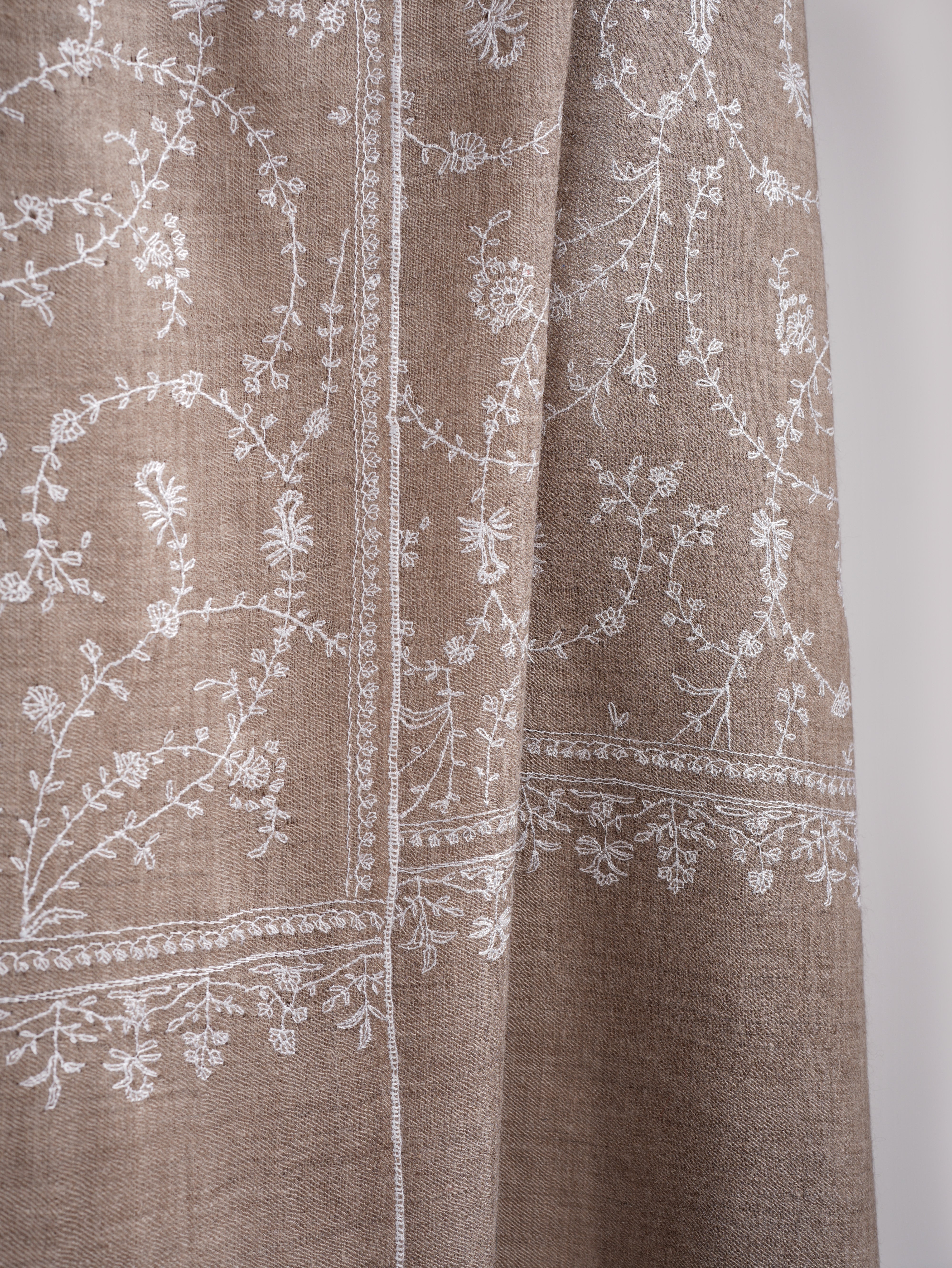 Natural Grey Indian Cashmere with White Sozni Embroidery