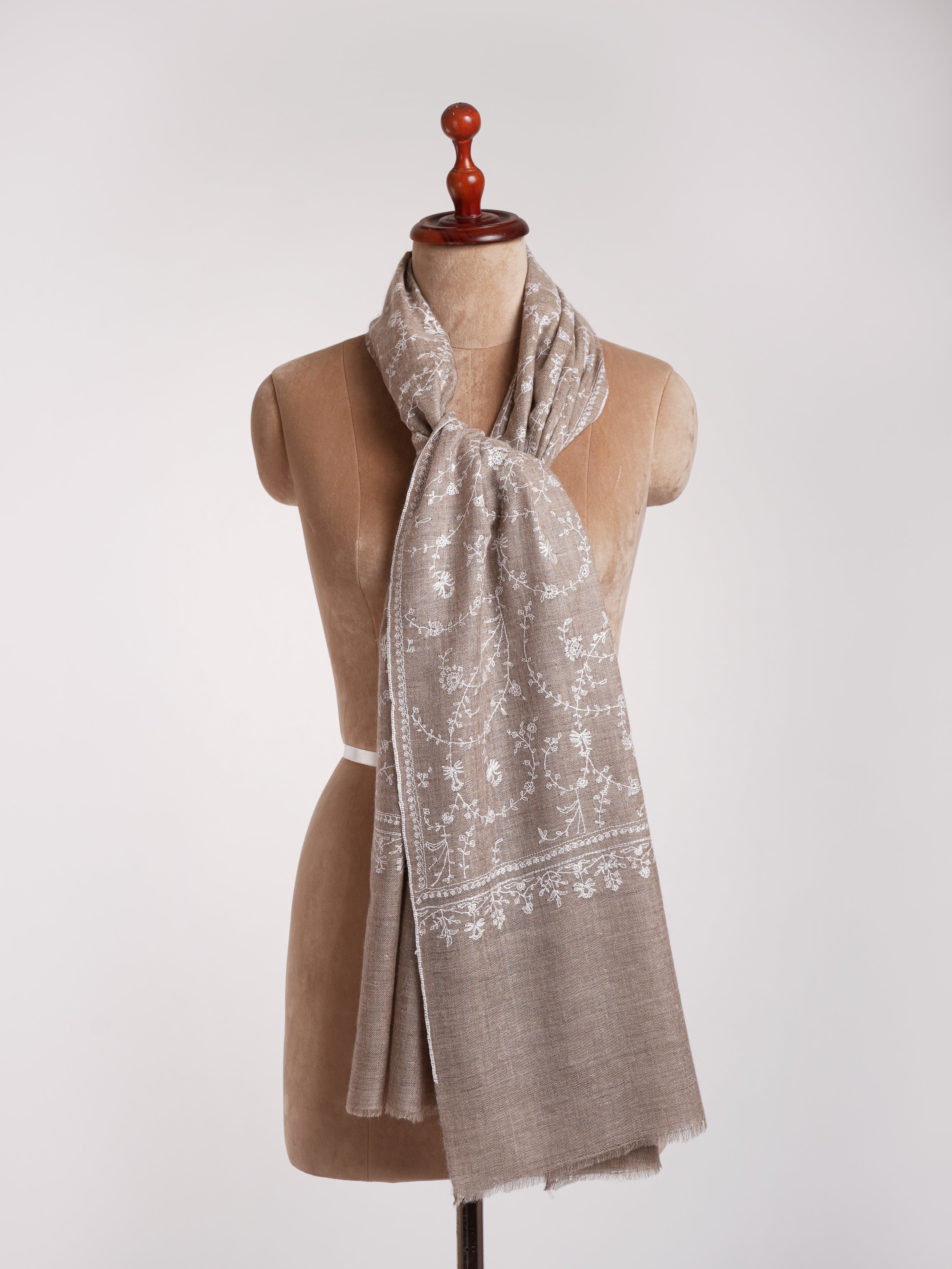 Natural Grey Indian Cashmere with White Sozni Embroidery