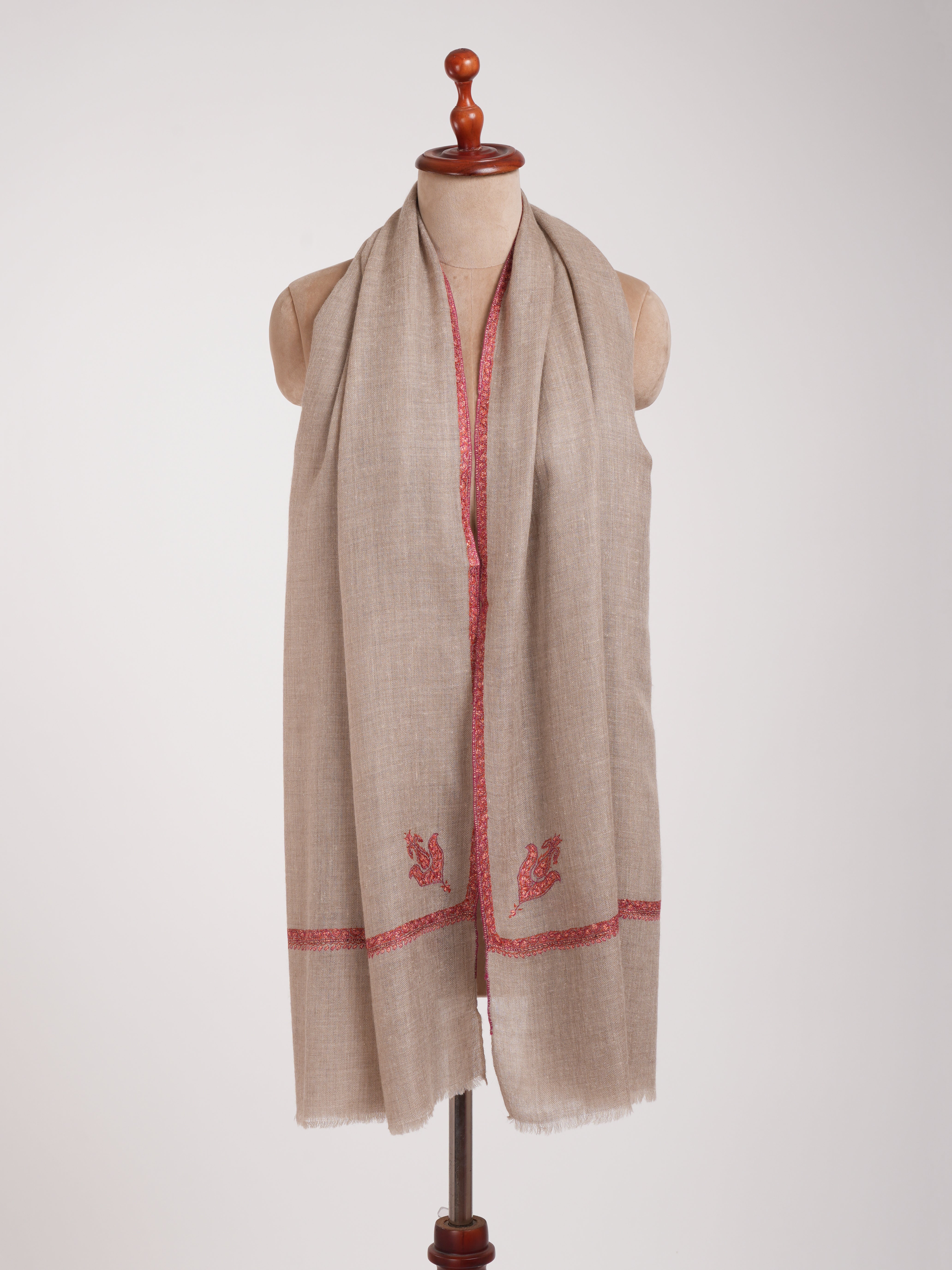 Natural Grey Baildar Sozni Embroidered Cashmere Pashmina Wrap