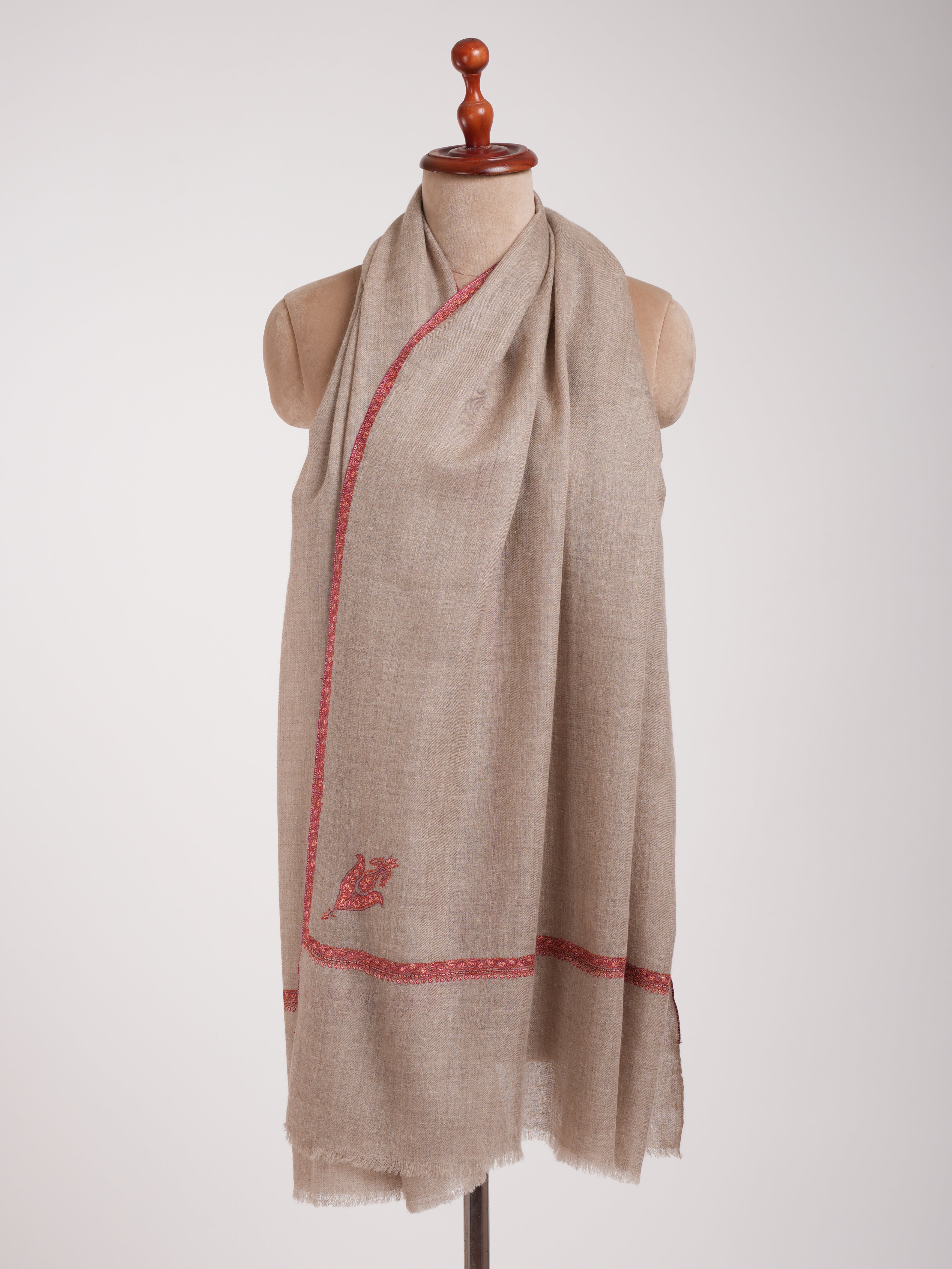 Natural Grey Baildar Sozni Embroidered Cashmere Pashmina Wrap