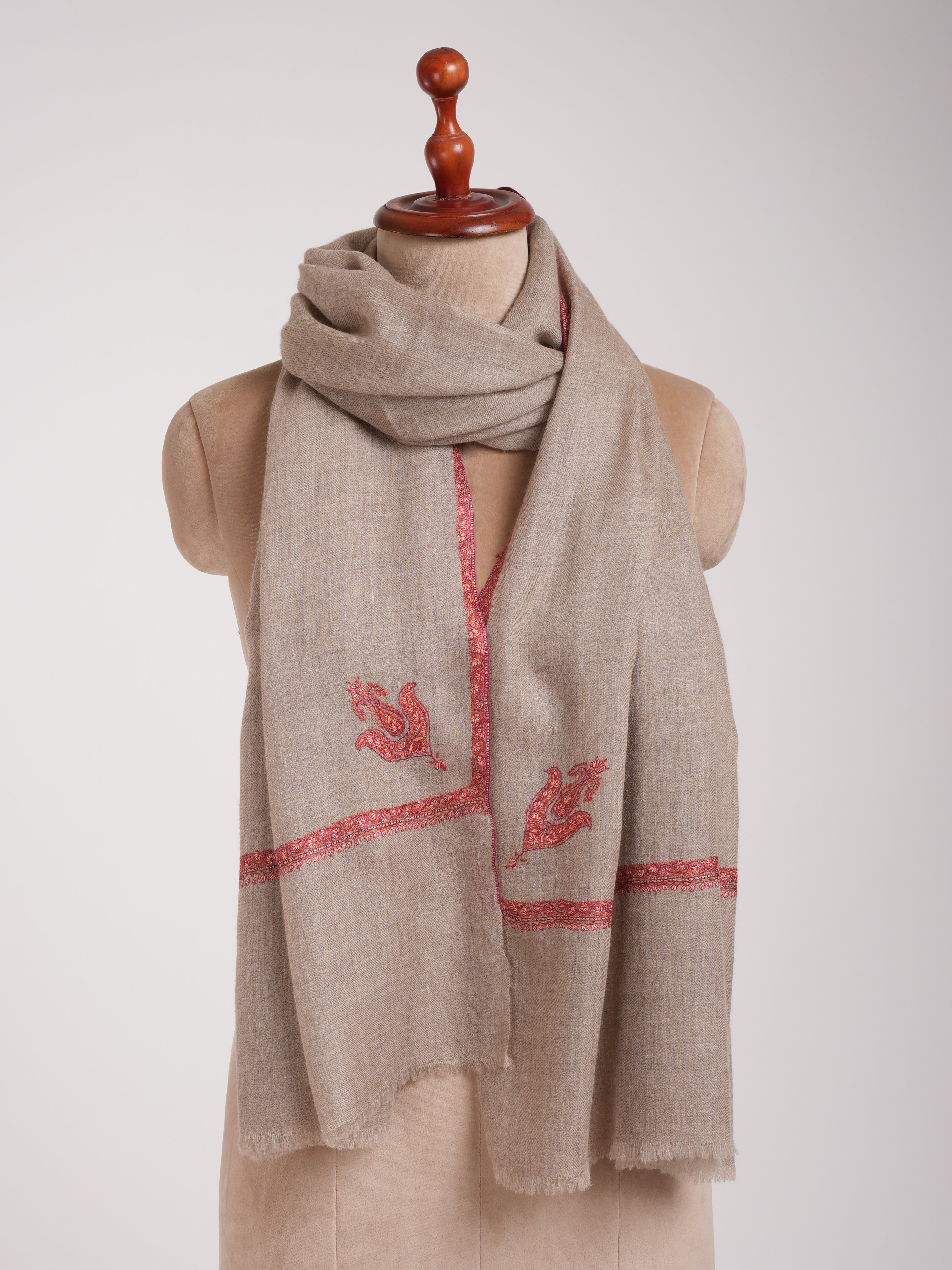 Natural Grey Baildar Sozni Embroidered Cashmere Pashmina Wrap