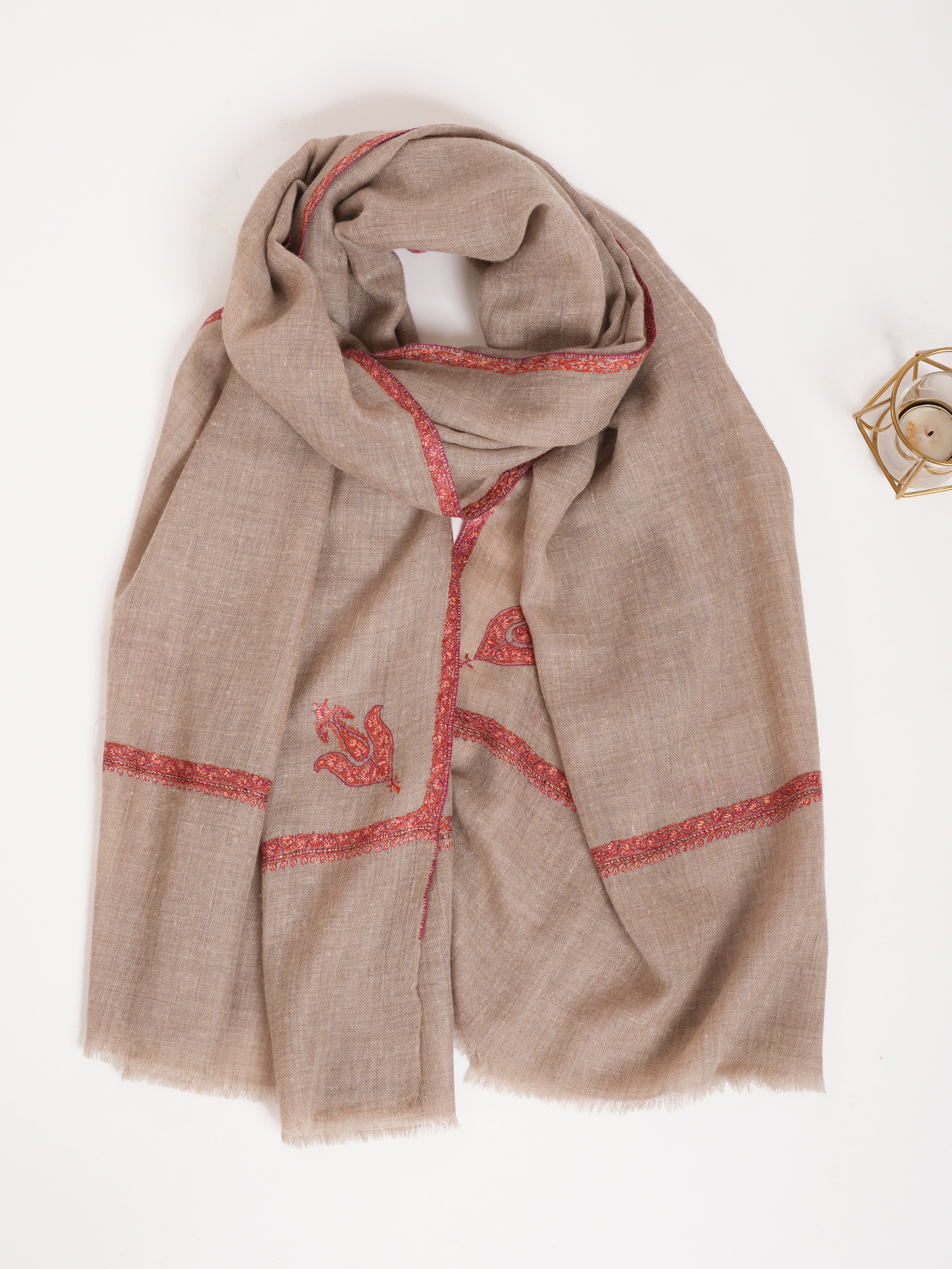 Natural Grey Baildar Sozni Embroidered Cashmere Pashmina Wrap