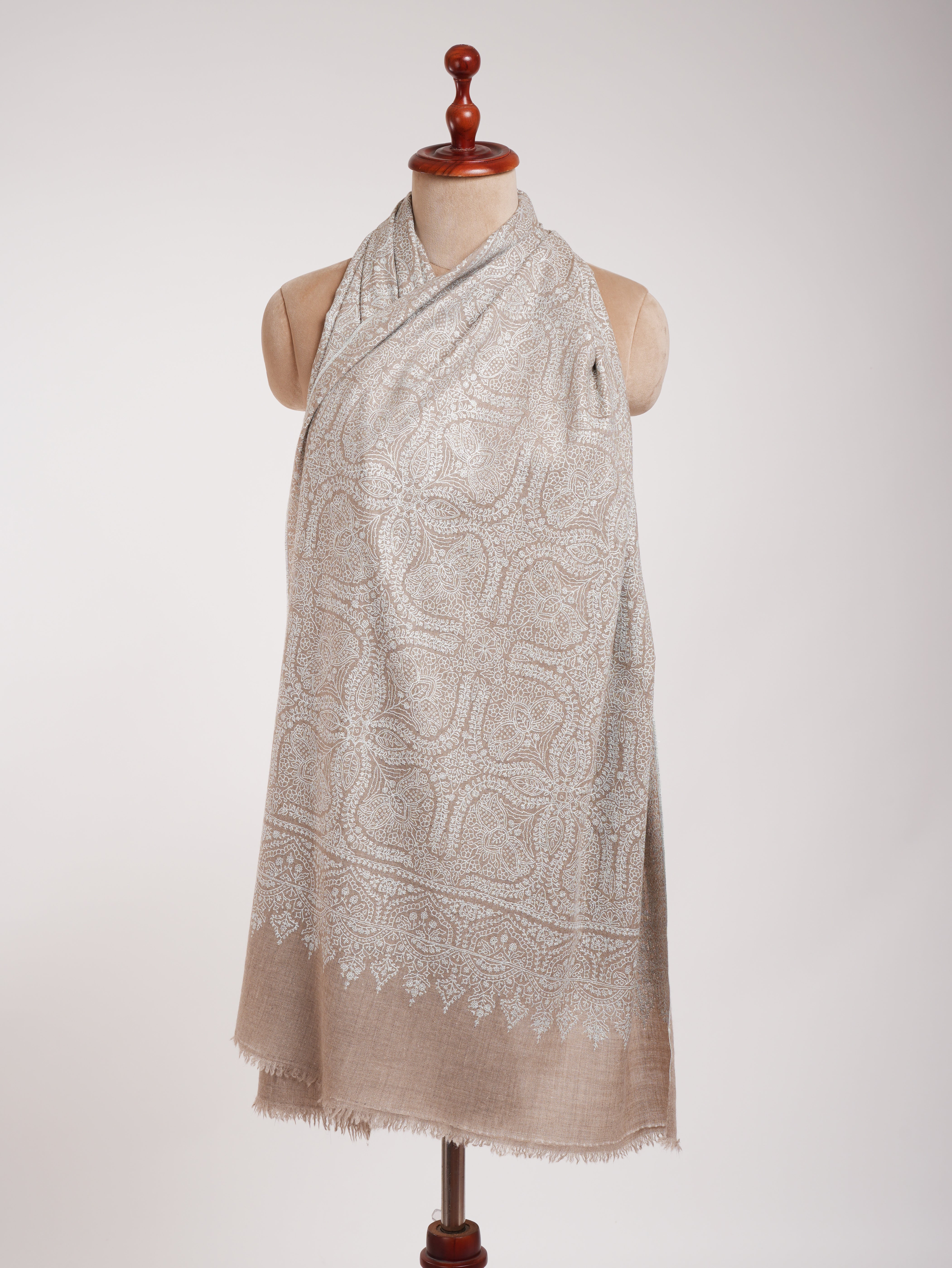 Grey Hand Embroidered Jamavar Pure Cashmere  Scarf