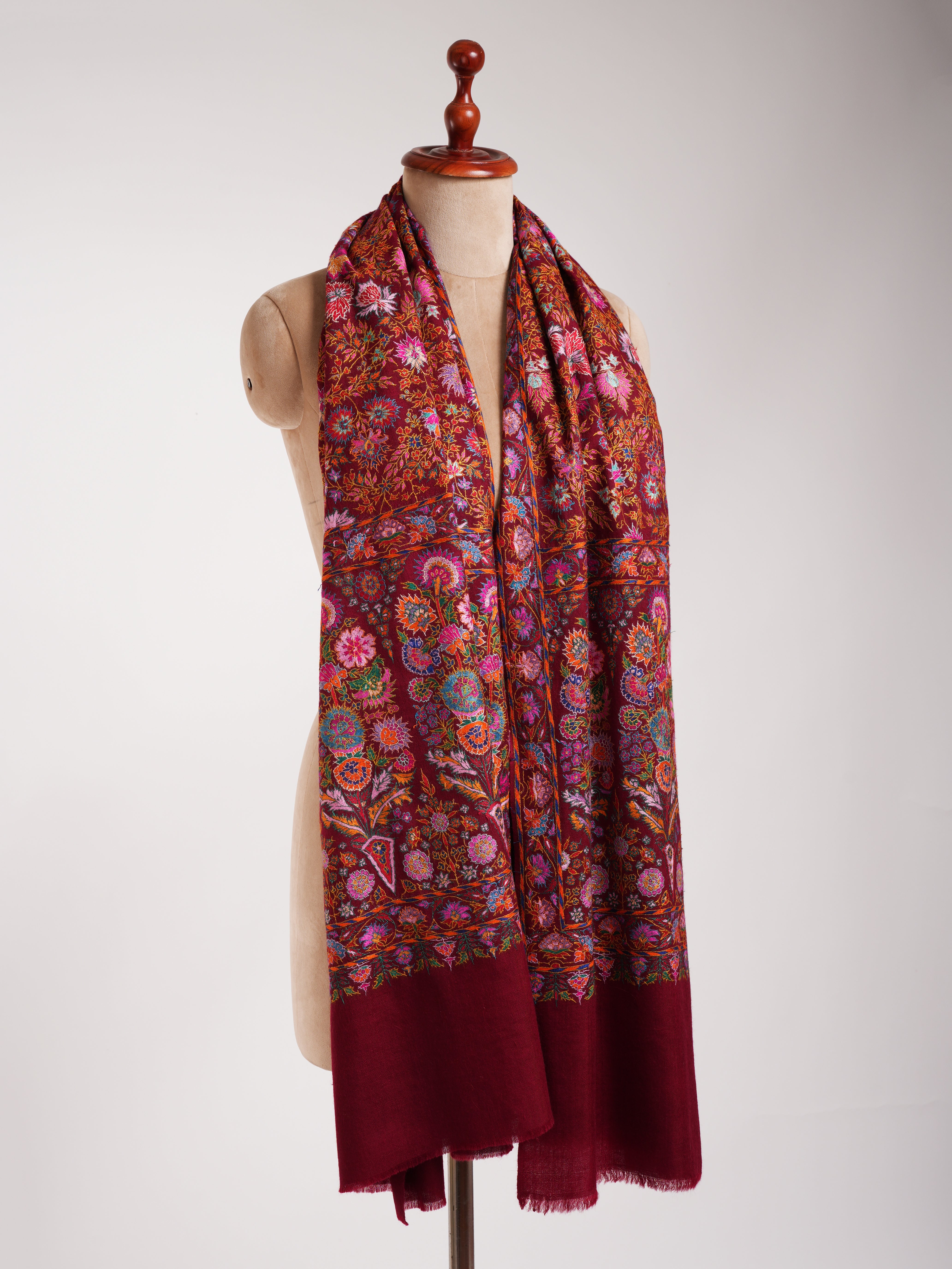 Maroon Hand Embroidered Pashmina Exclusive Jamavar Shawl