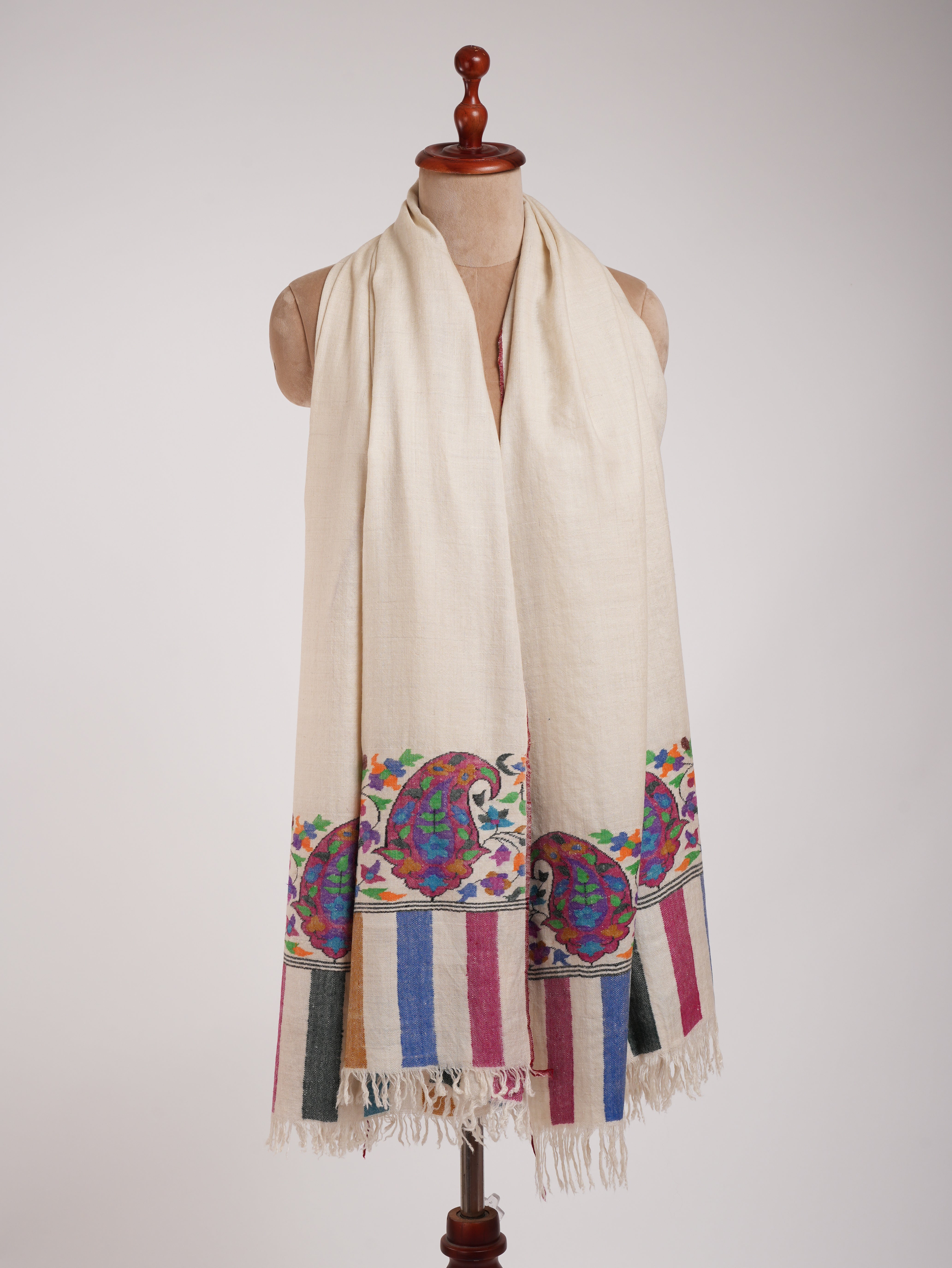 Royal Paisley Handwoven White Kani Pashmina Shawl