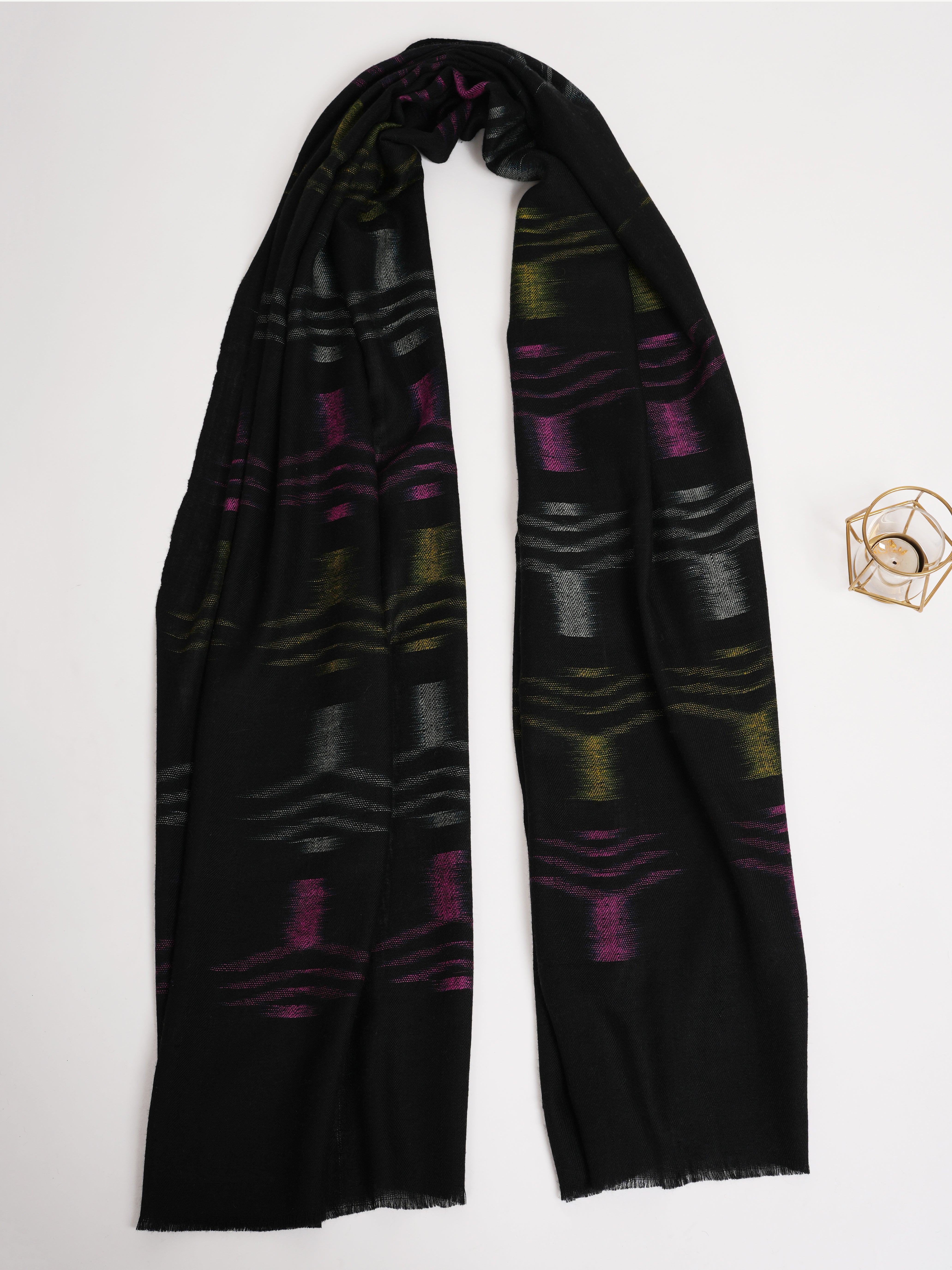 Space Dye Ikat Handloomed Black Cashmere Scarf