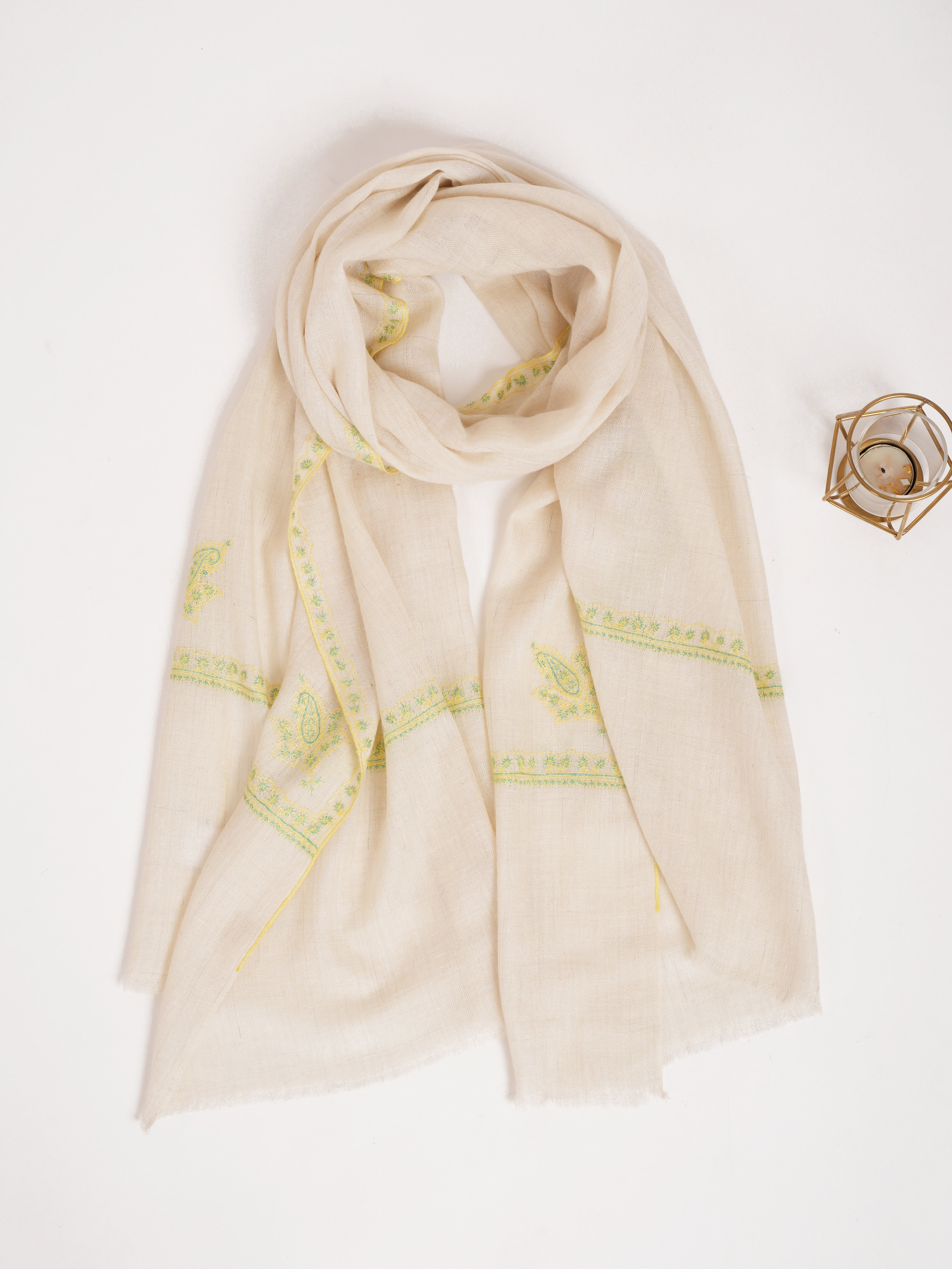 Ivory Handstitched Baildar Cashmere Pashmina Wrap