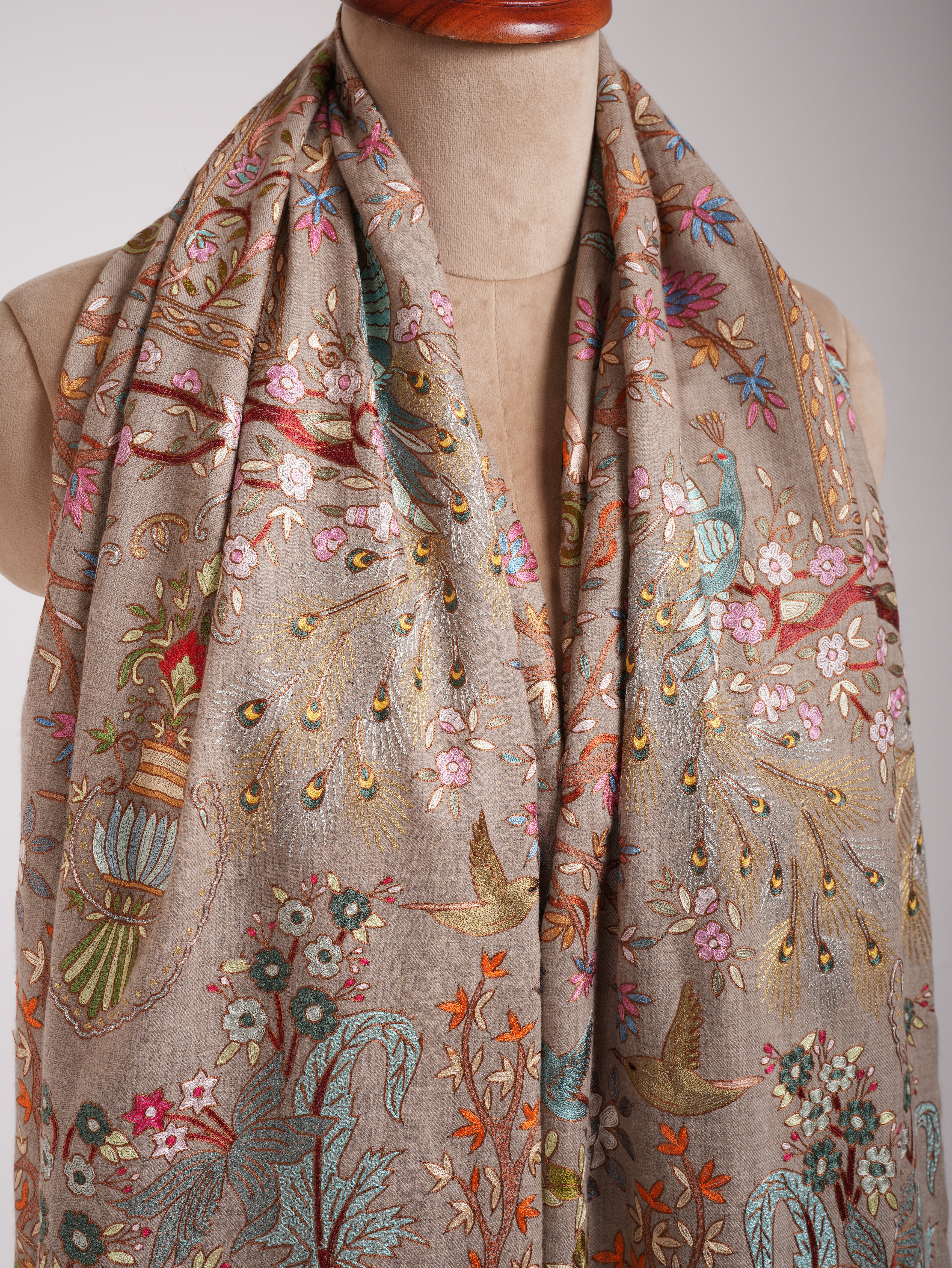 Zari Embroidered Beige Artistic Cashmere Pashmina Shawl