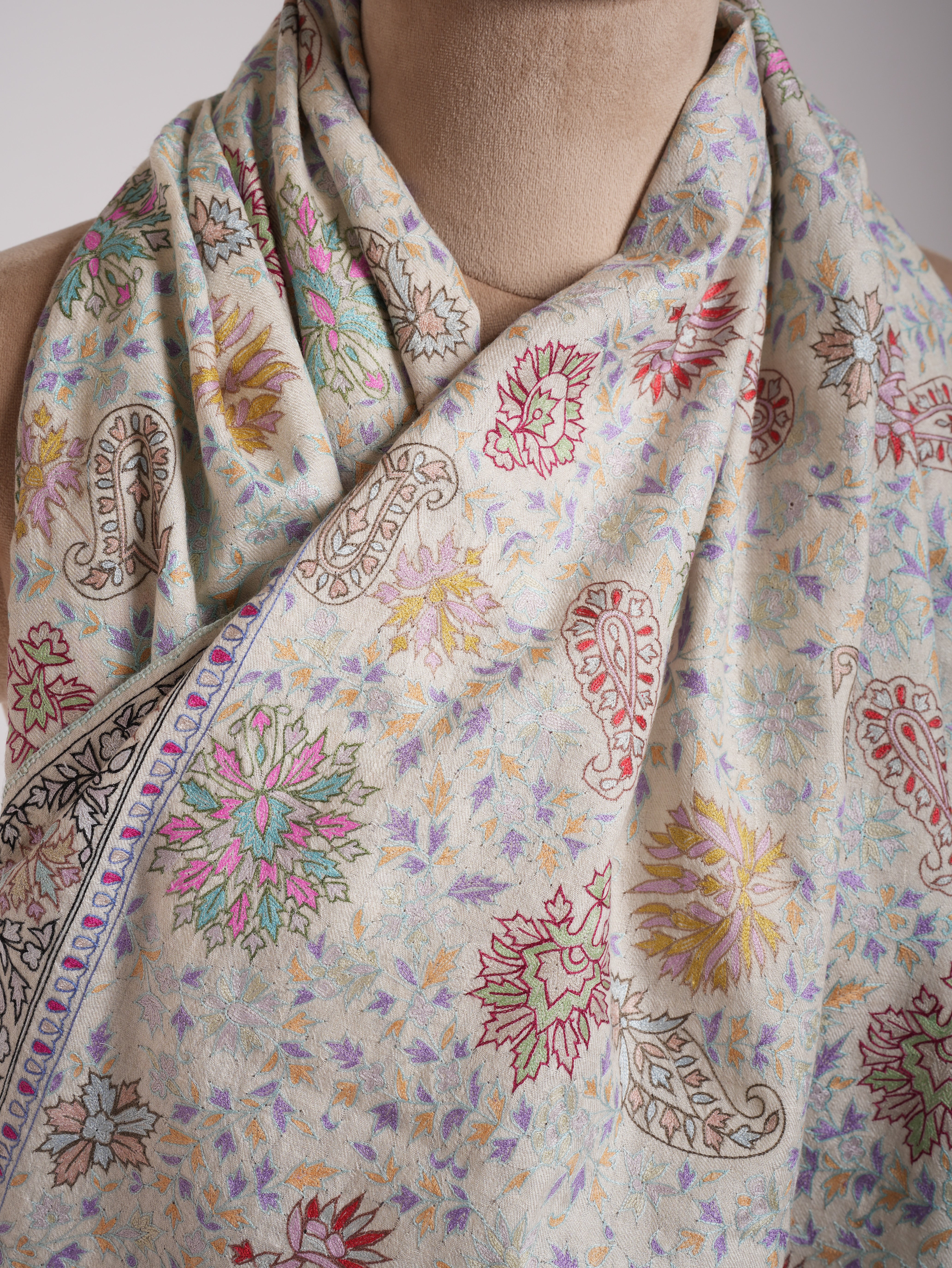 Ivory Original Indian Pashmina Wrap with Hand Embroidery