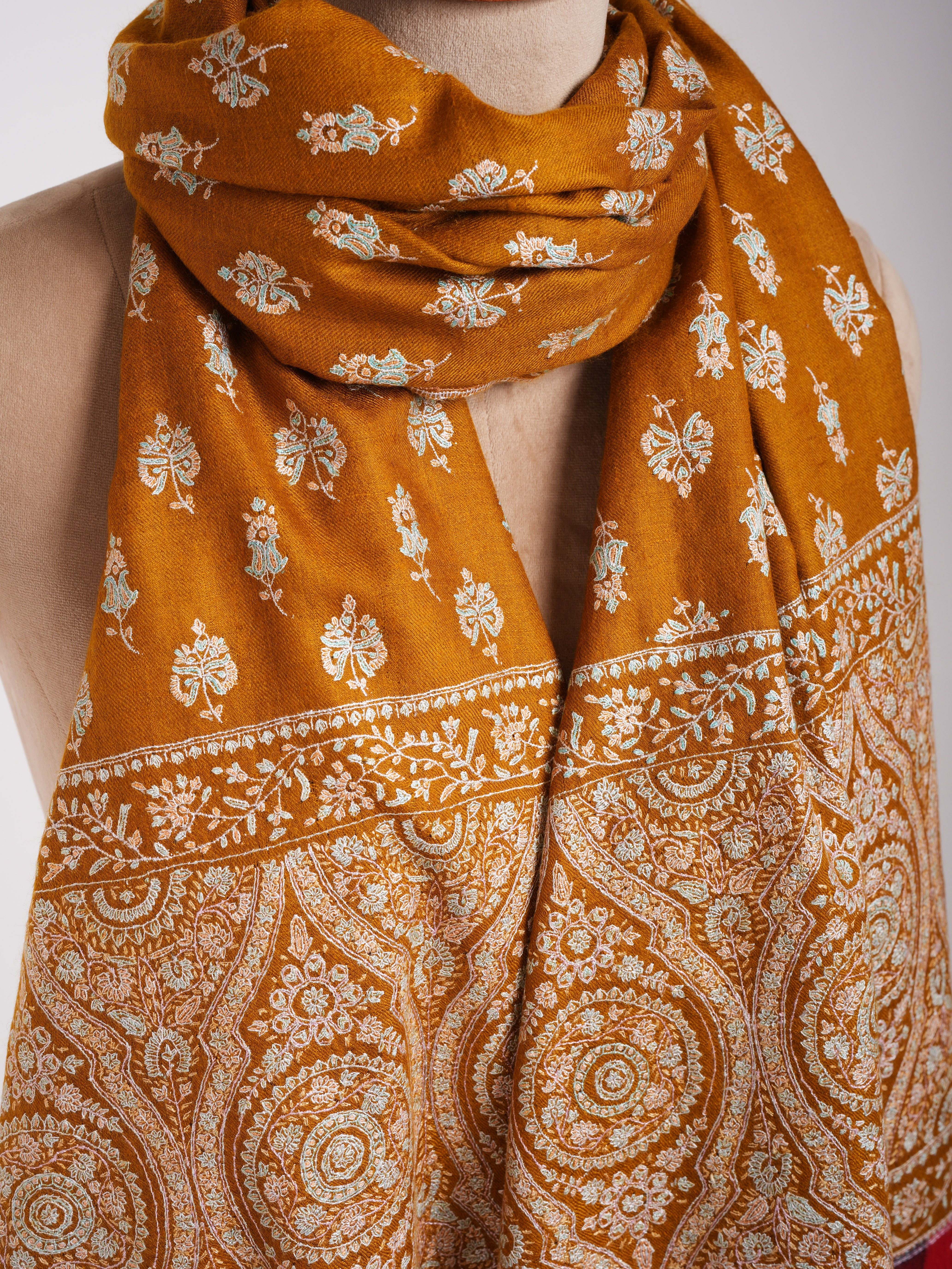 Royal Mustard Handmade Indian Pashmina Embroidered Shawl