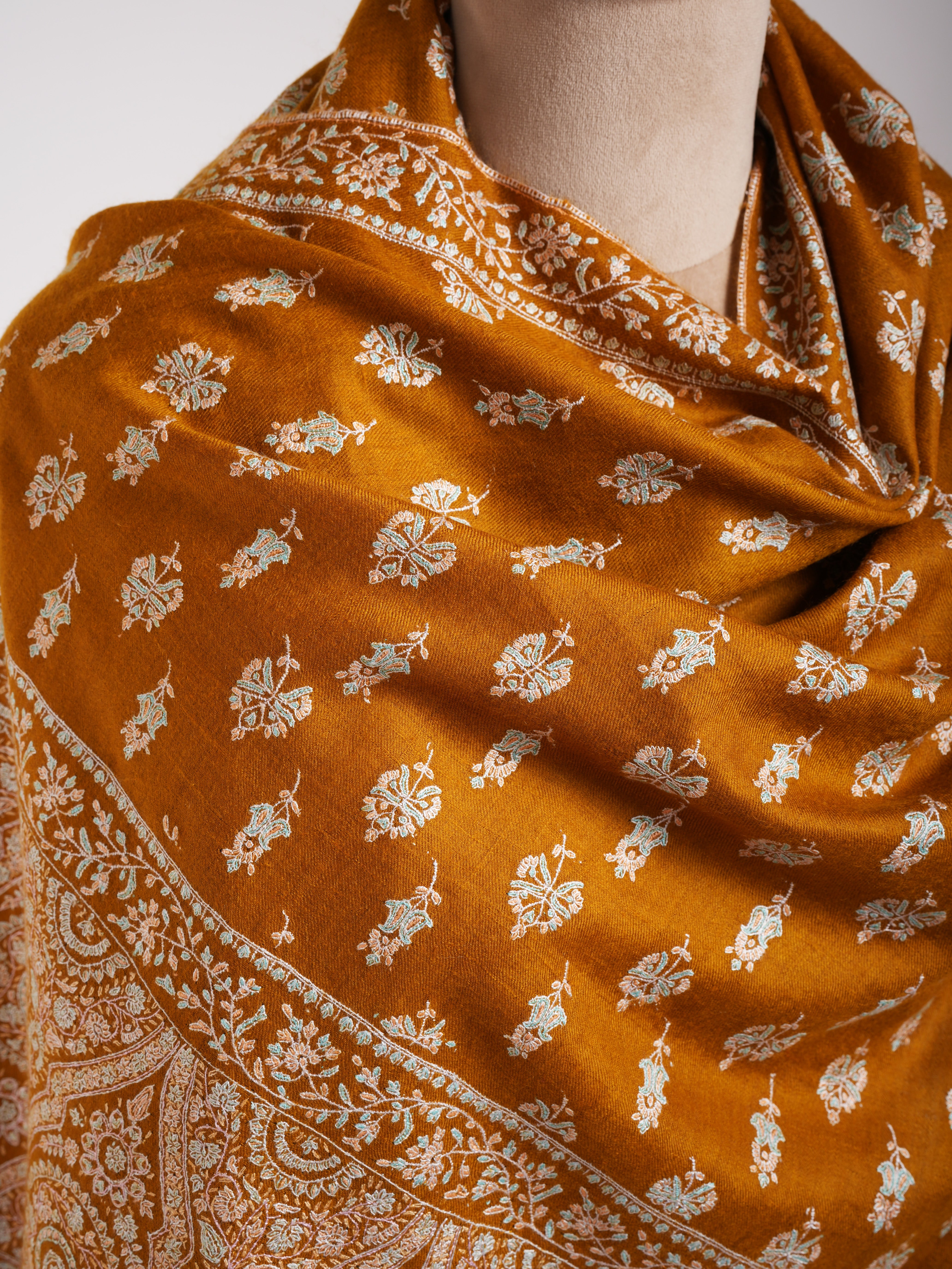 Royal Mustard Handmade Indian Pashmina Embroidered Shawl