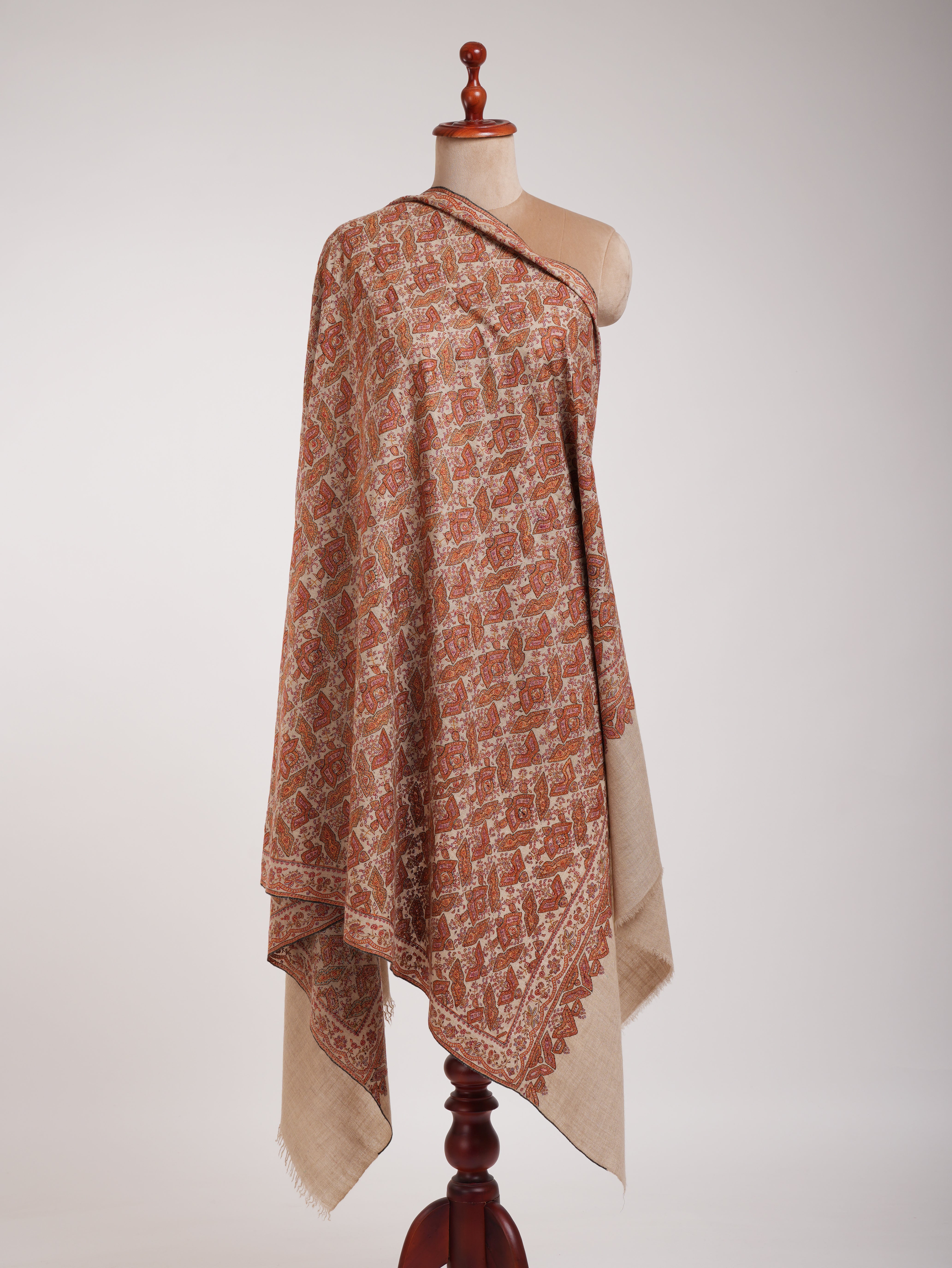 Beige Geometric Butterflies Embroidered Kashmiri Jamavar Shawl