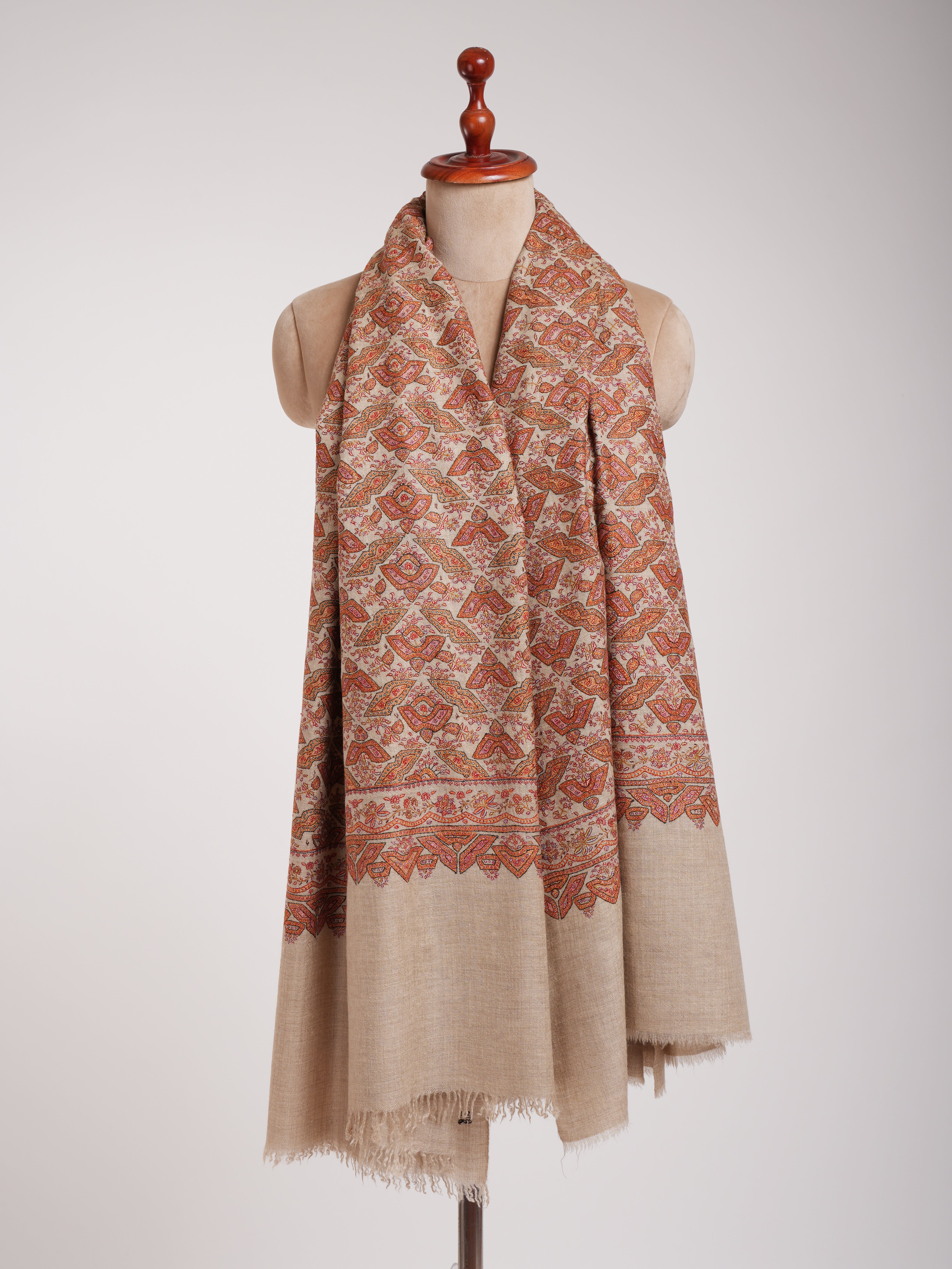 Beige Geometric Butterflies Embroidered Kashmiri Jamavar Shawl