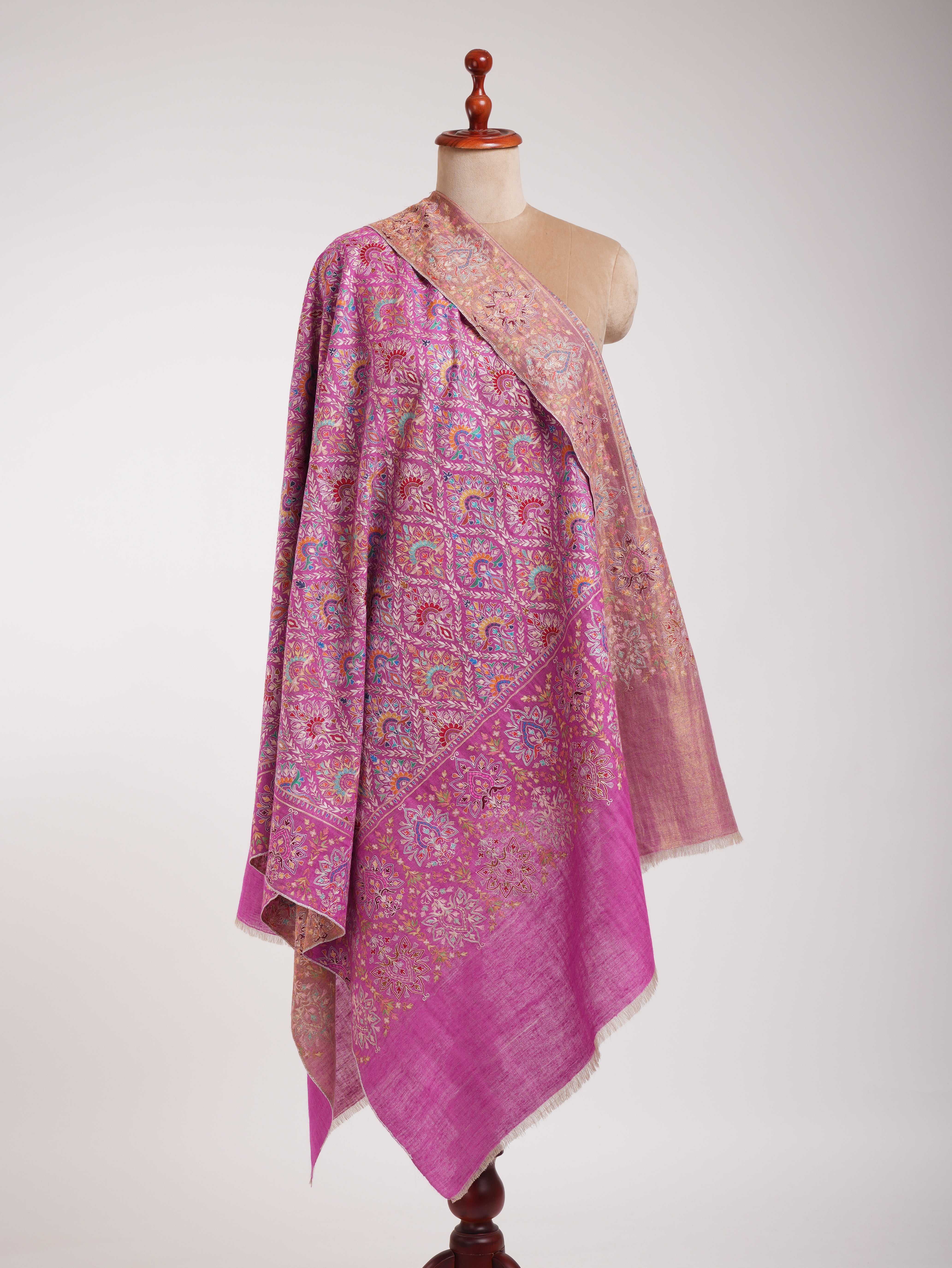 Pink and Gold Fusion Dorukha Hand Embroidered Pashmina Shawl