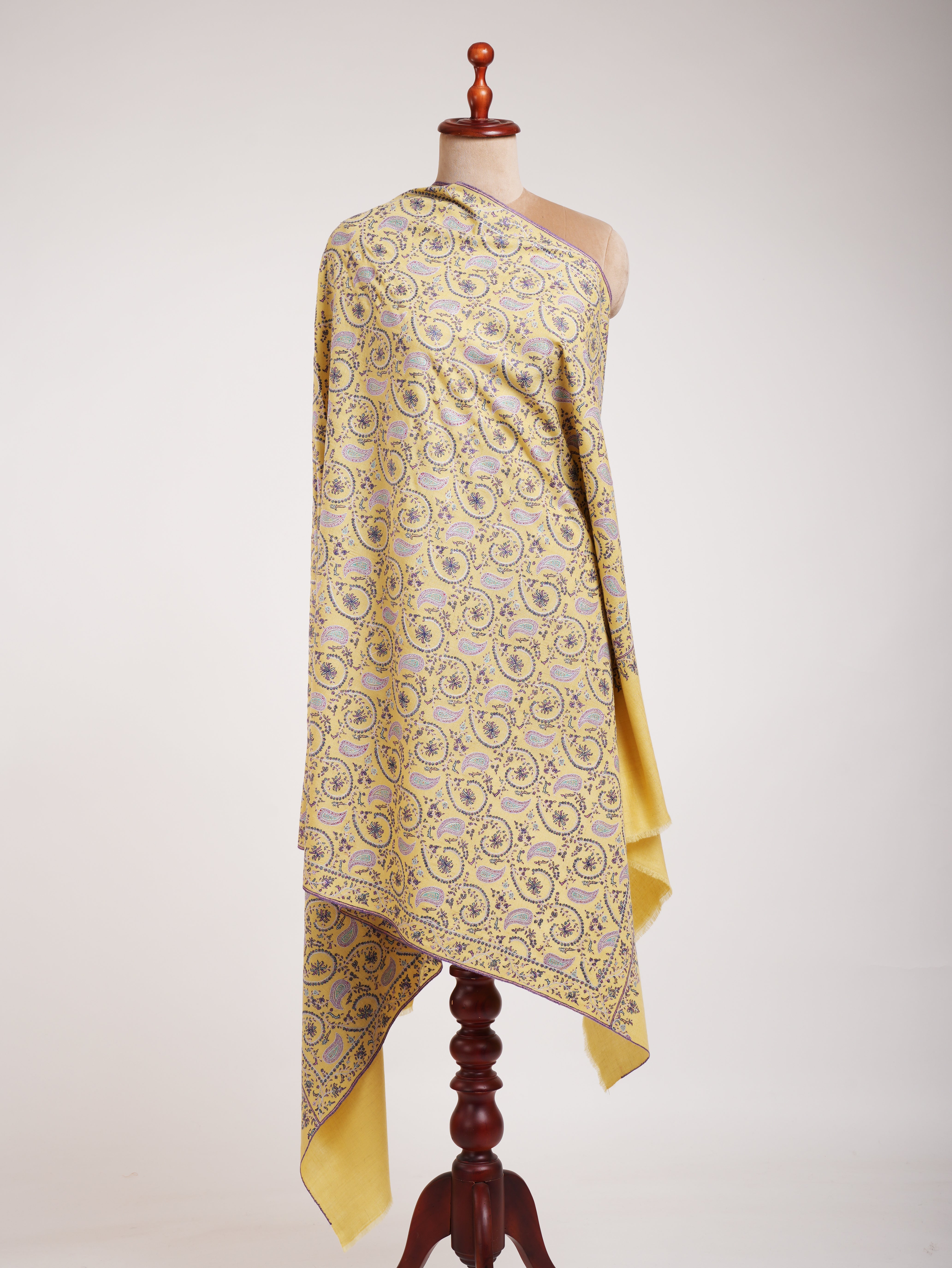 Lemon Yellow Indian Embroidered Kashmiri Jamavar Shawl