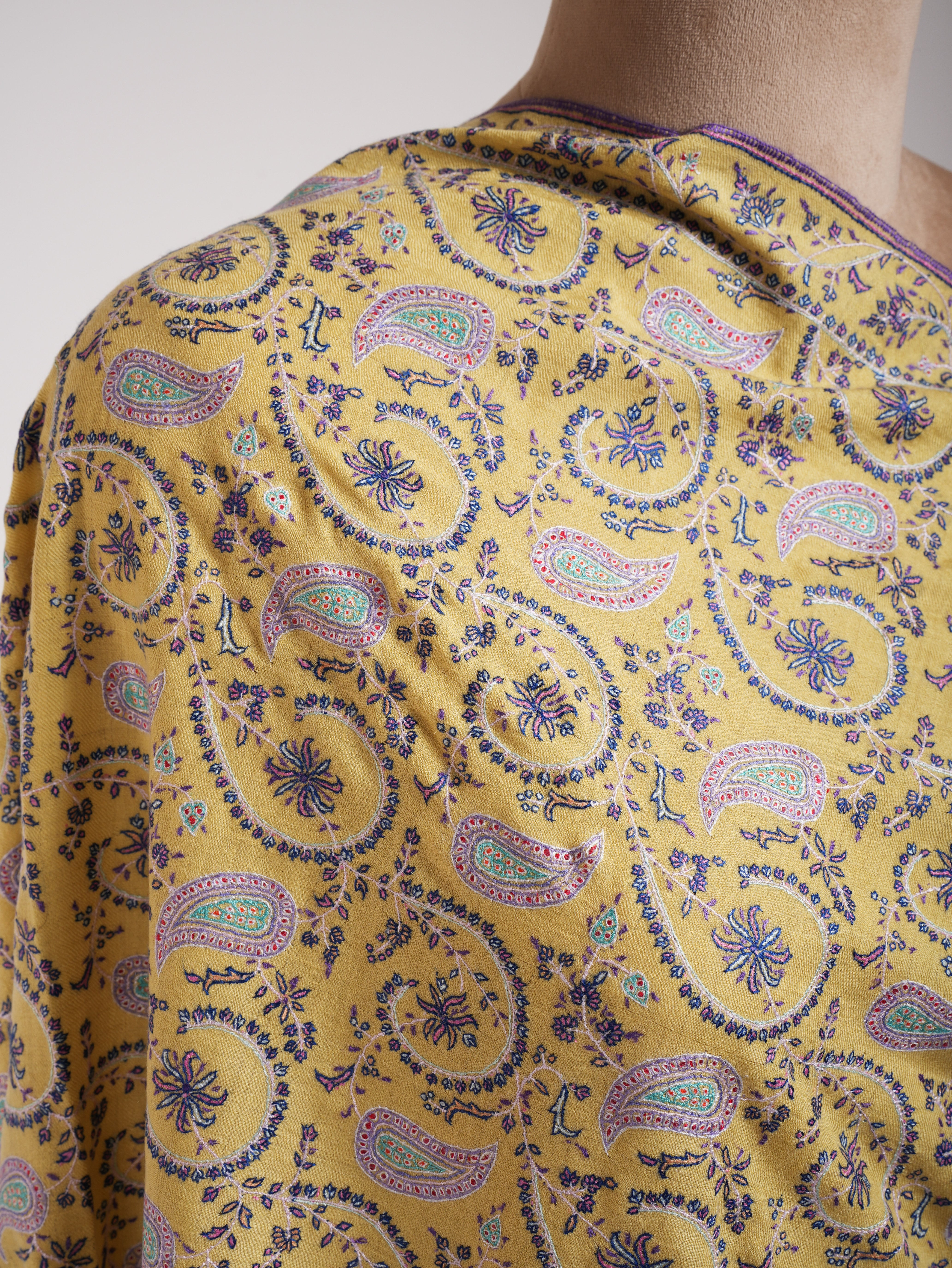 Lemon Yellow Indian Embroidered Kashmiri Jamavar Shawl