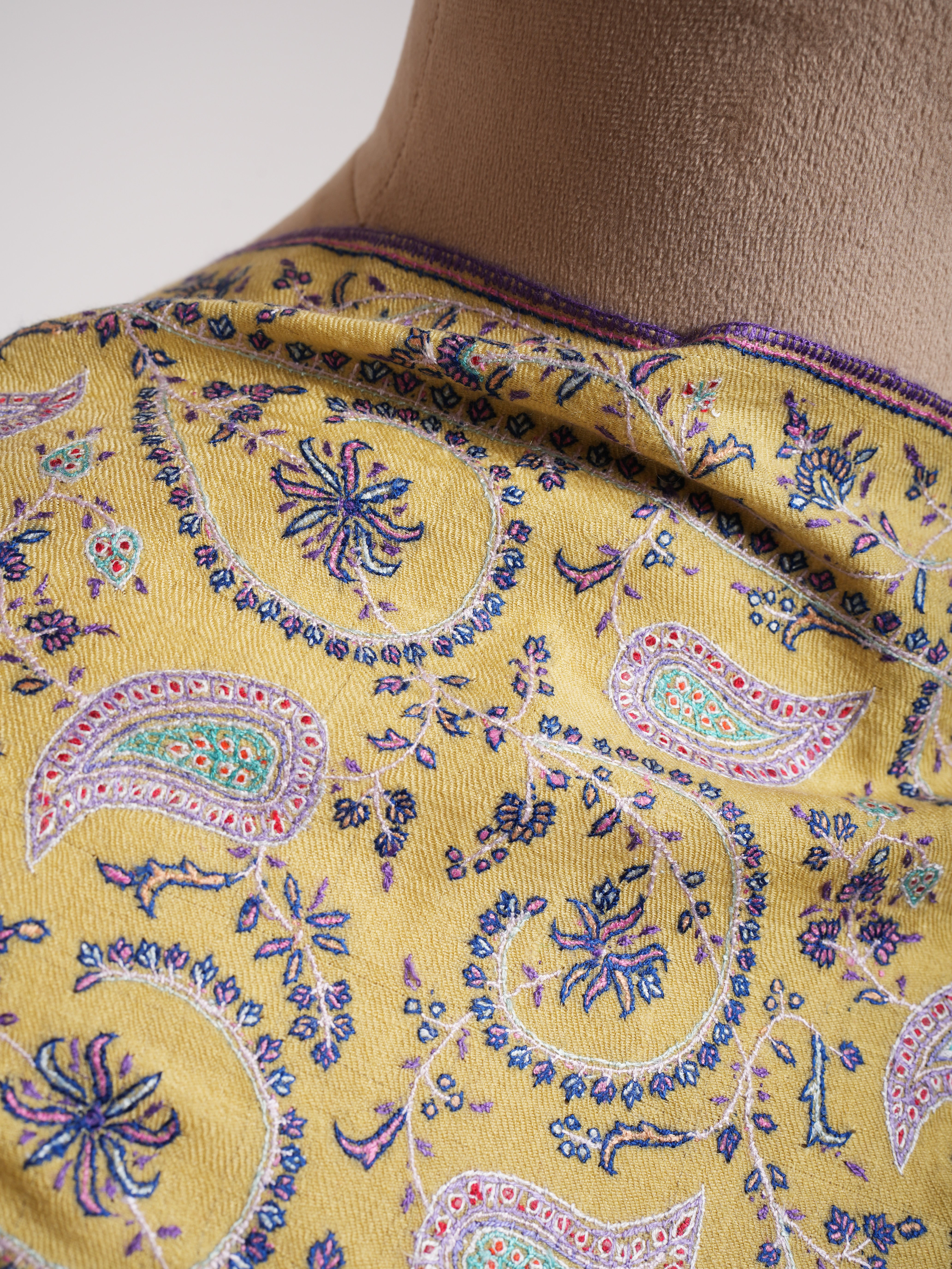 Lemon Yellow Indian Embroidered Kashmiri Jamavar Shawl