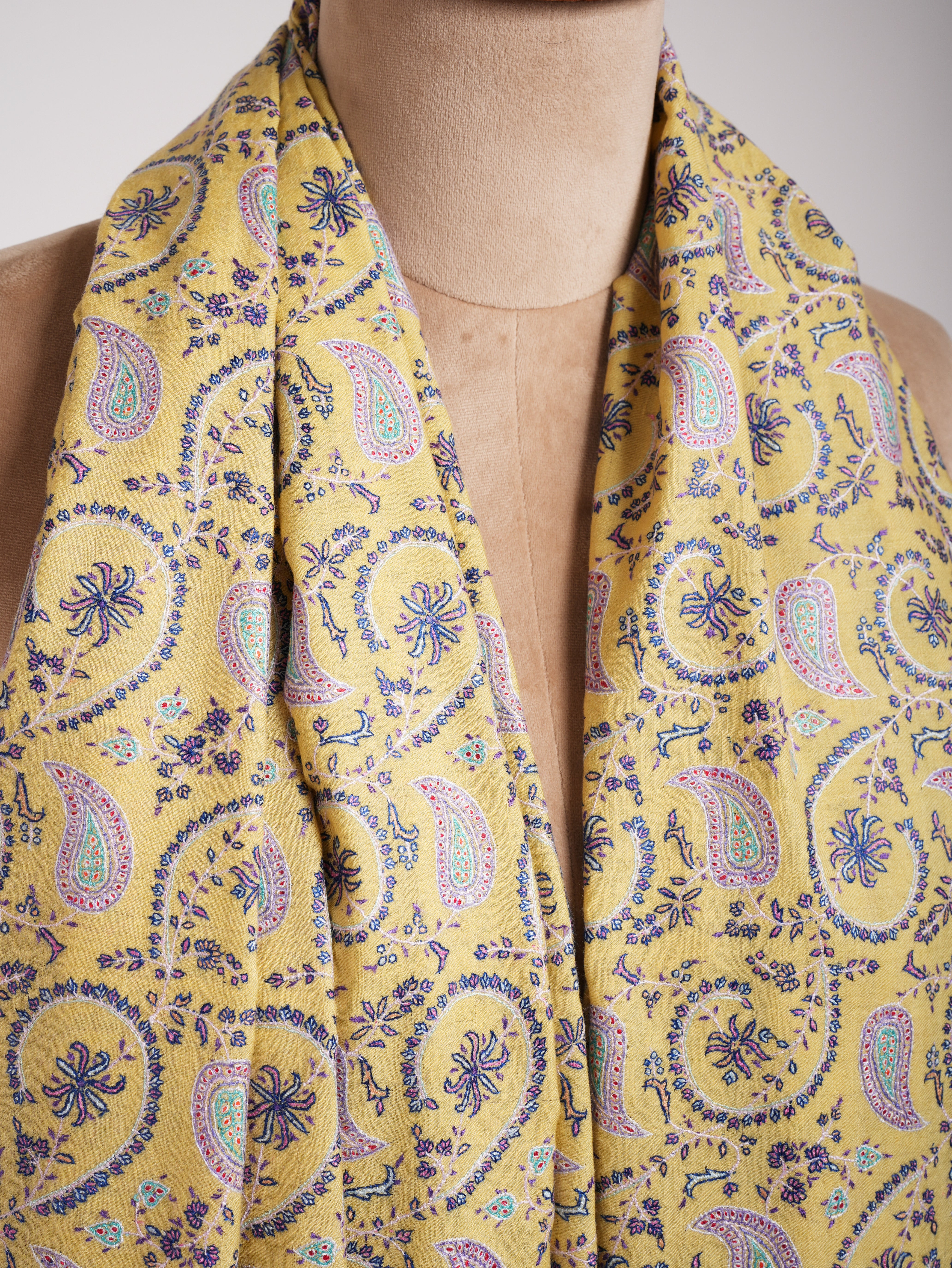 Lemon Yellow Indian Embroidered Kashmiri Jamavar Shawl