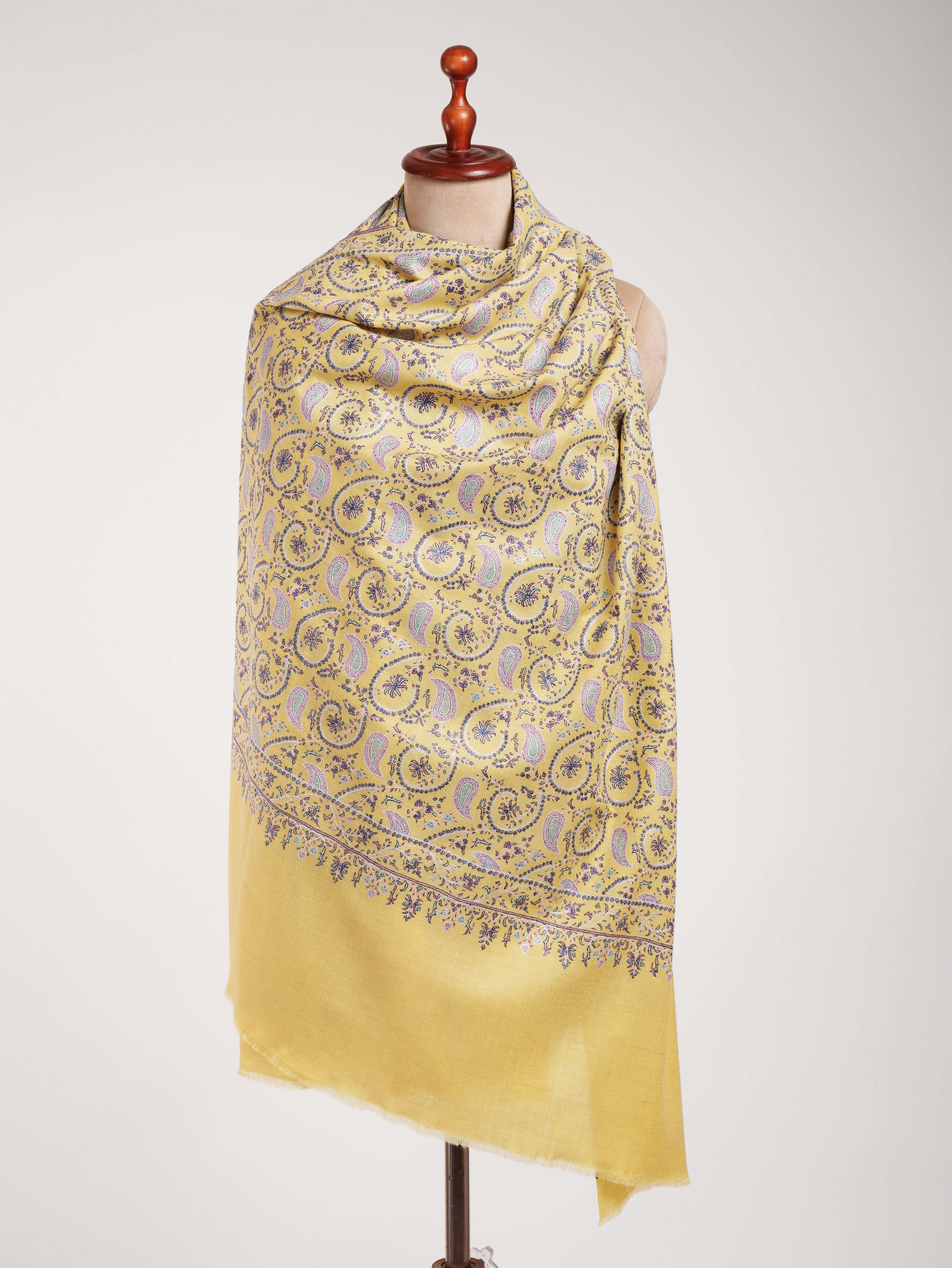 Lemon Yellow Indian Embroidered Kashmiri Jamavar Shawl