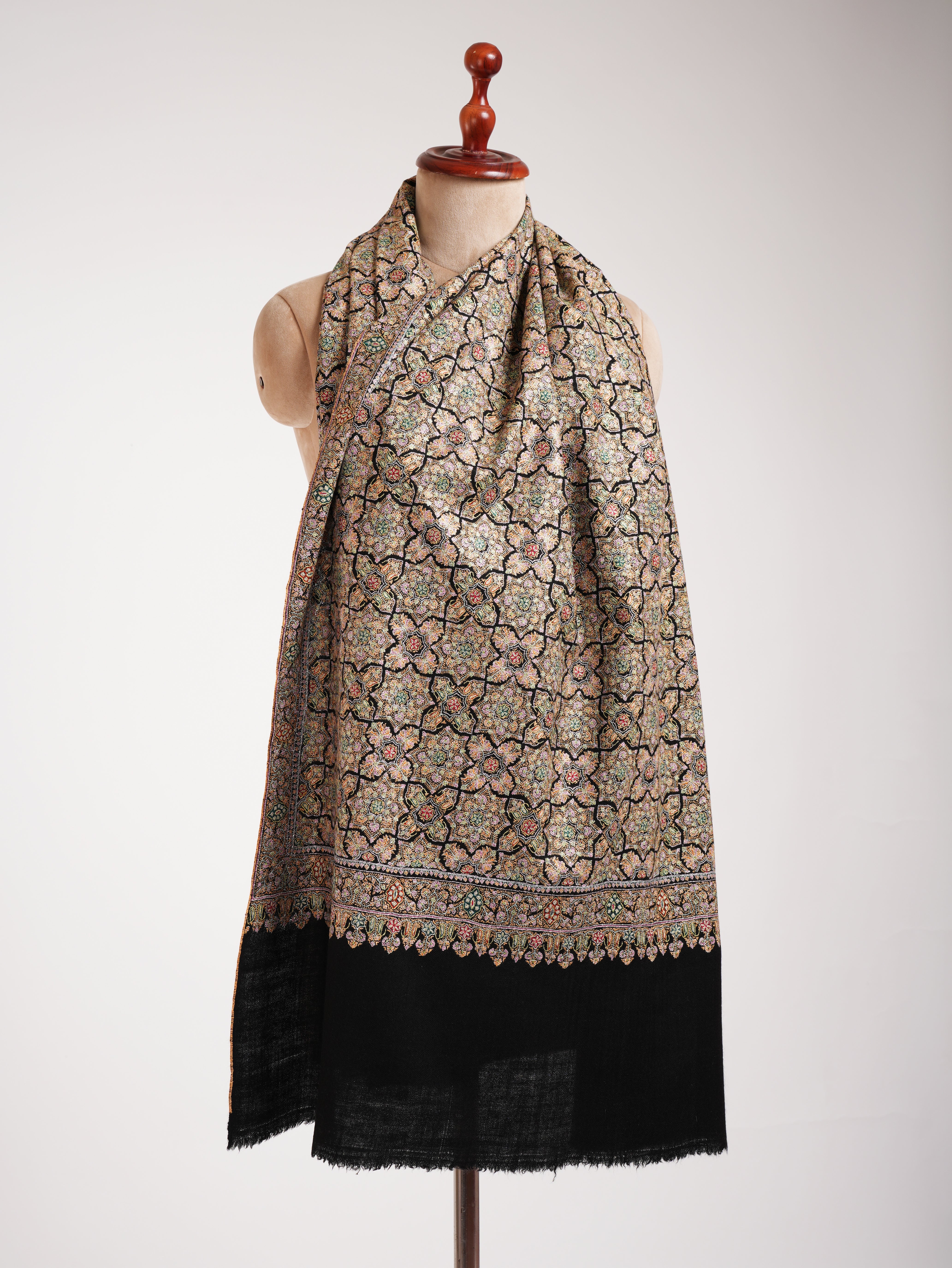 Black Hand Embroidered Geometric Pashmina Jamavar Shawl