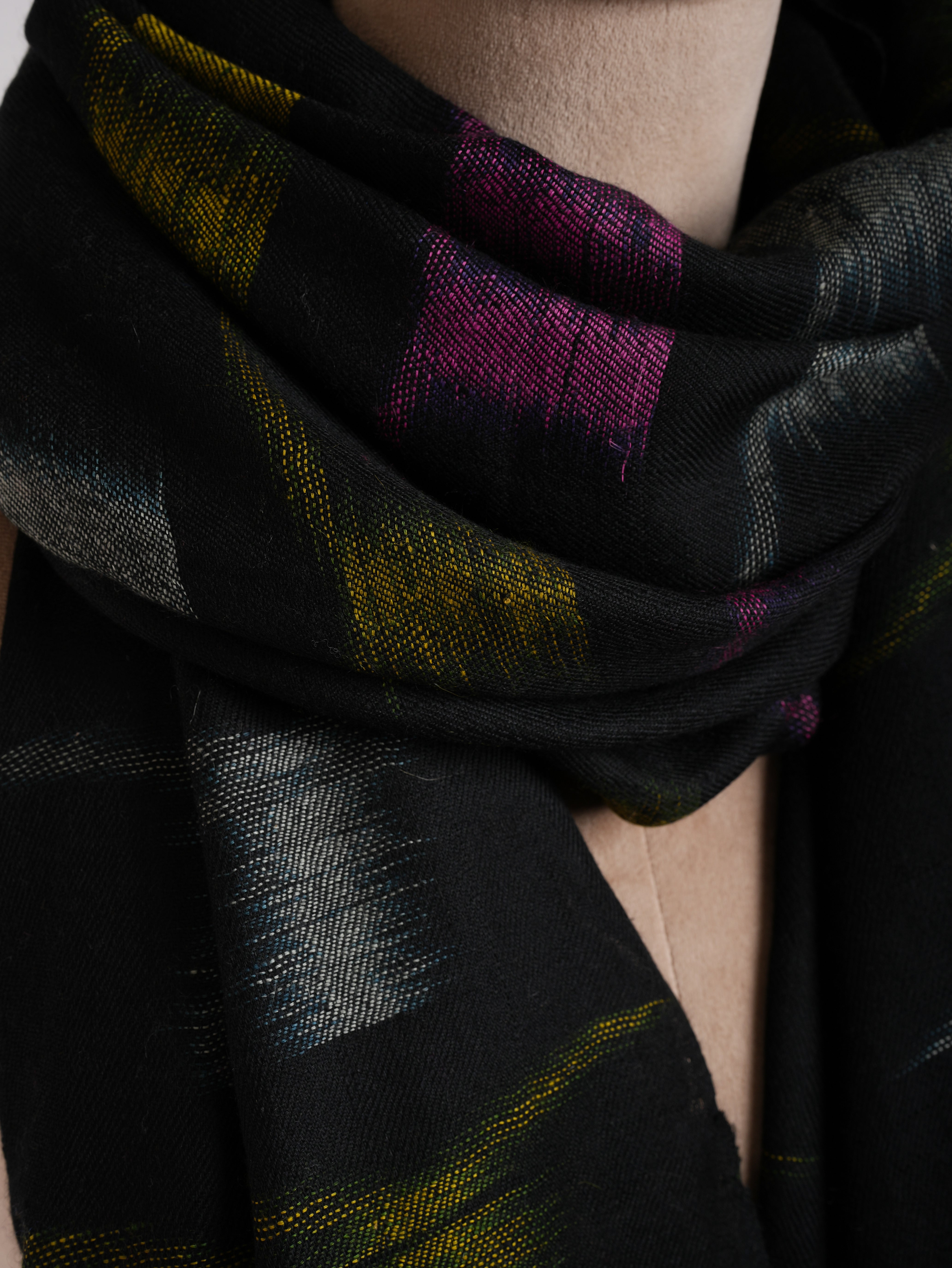 Black Cashmere Scarf with Space Dye Ikat