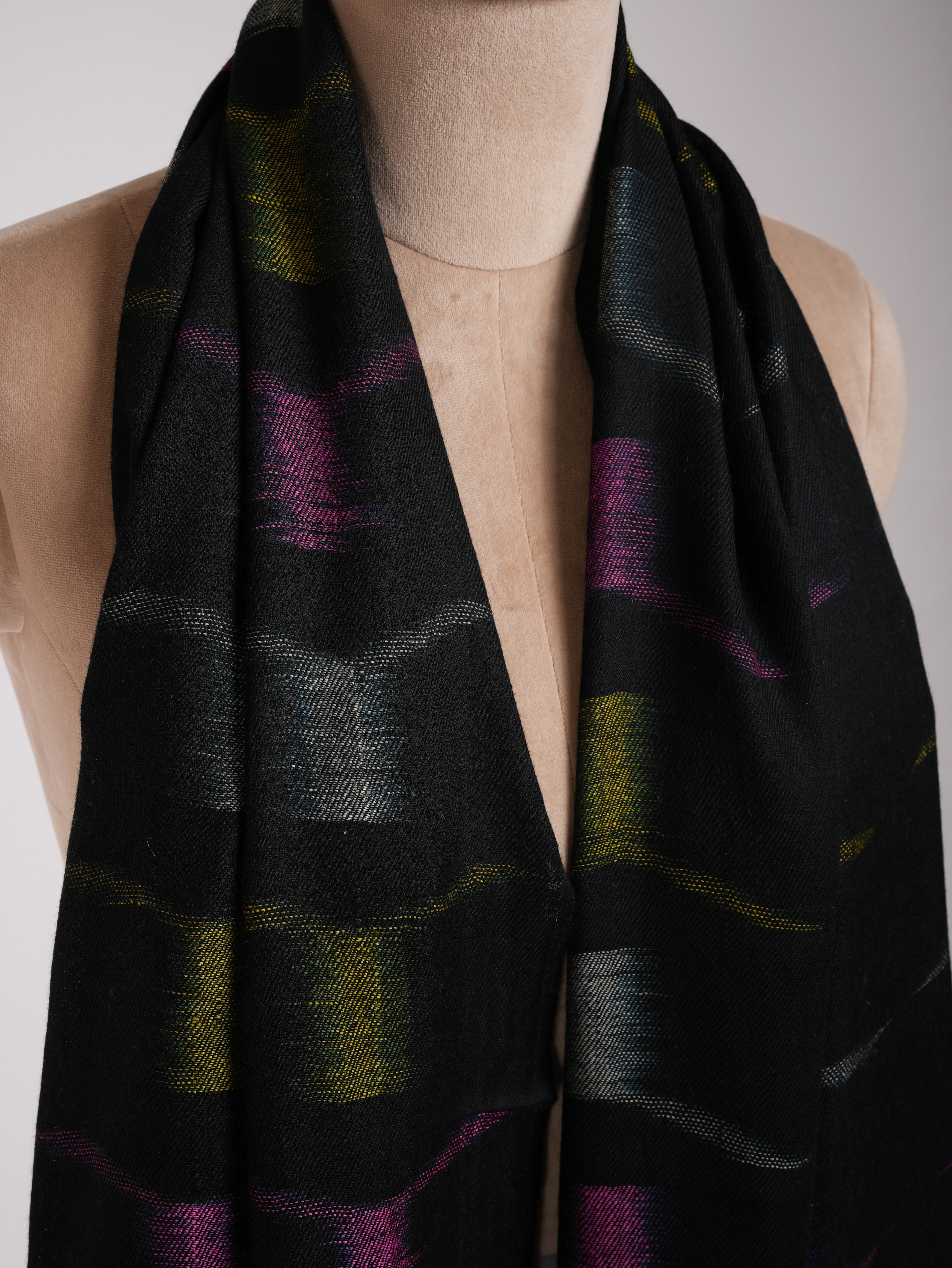 Black Cashmere Scarf with Space Dye Ikat