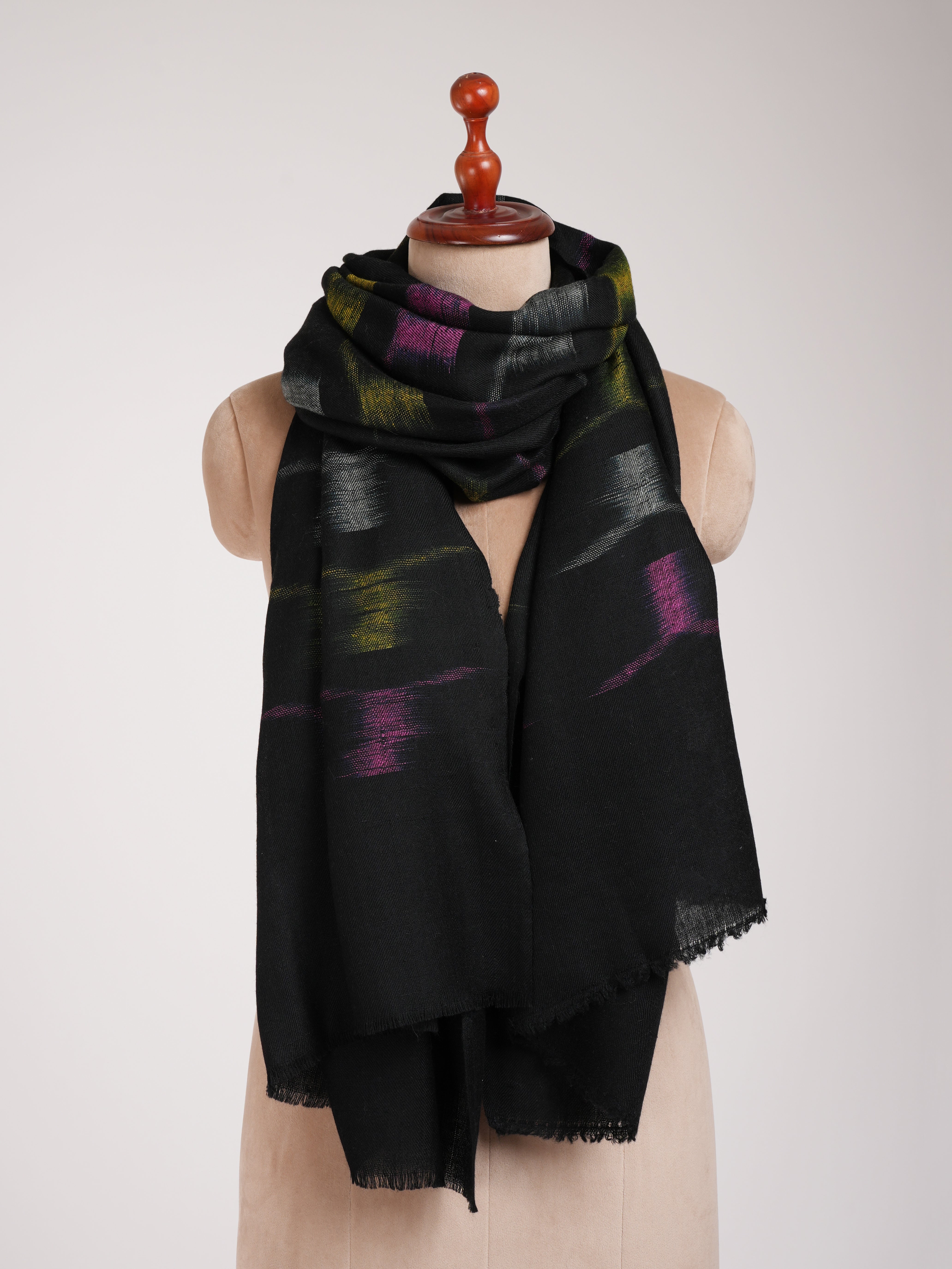 Black Cashmere Scarf with Space Dye Ikat