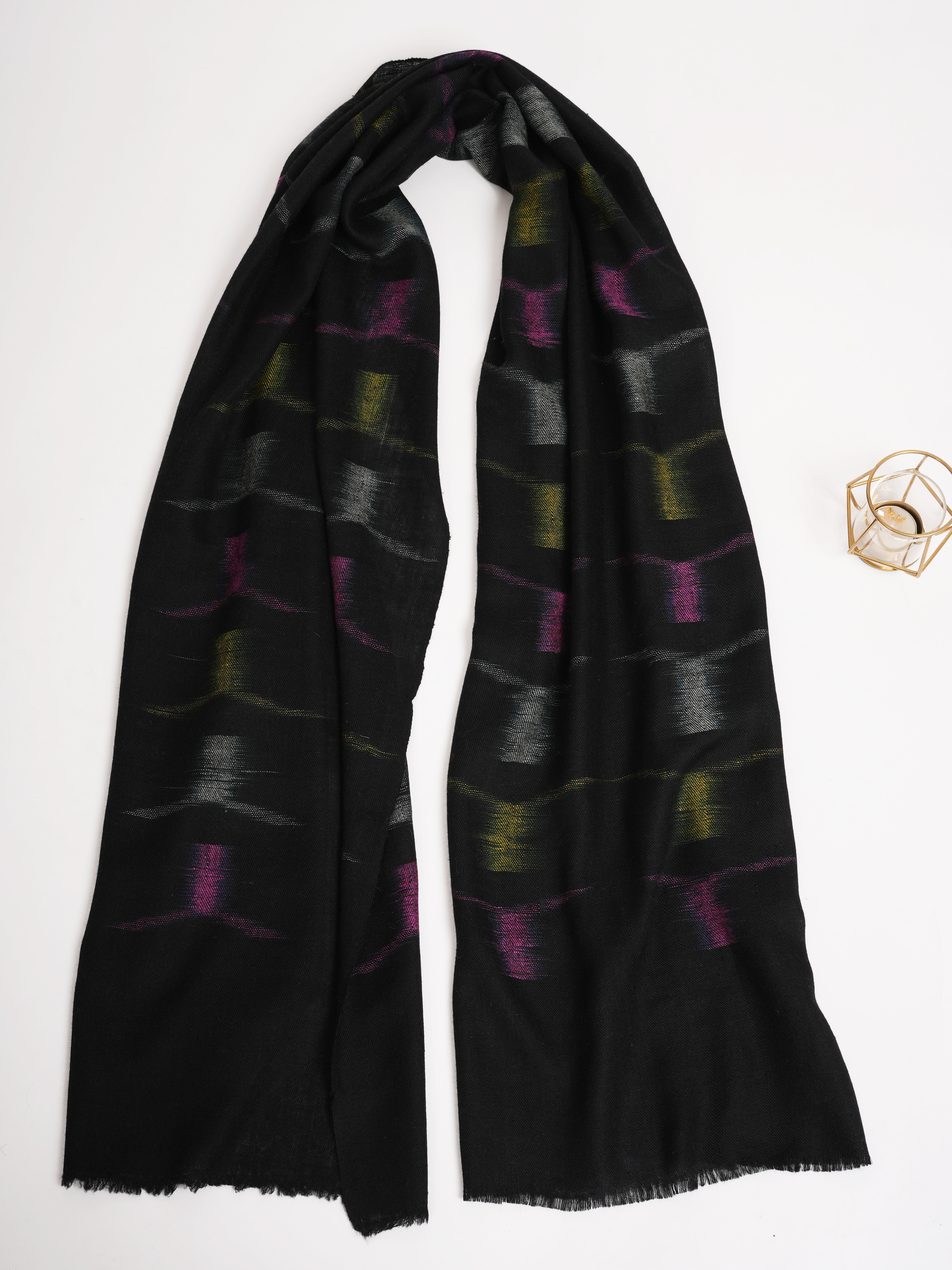 Black Cashmere Scarf with Space Dye Ikat