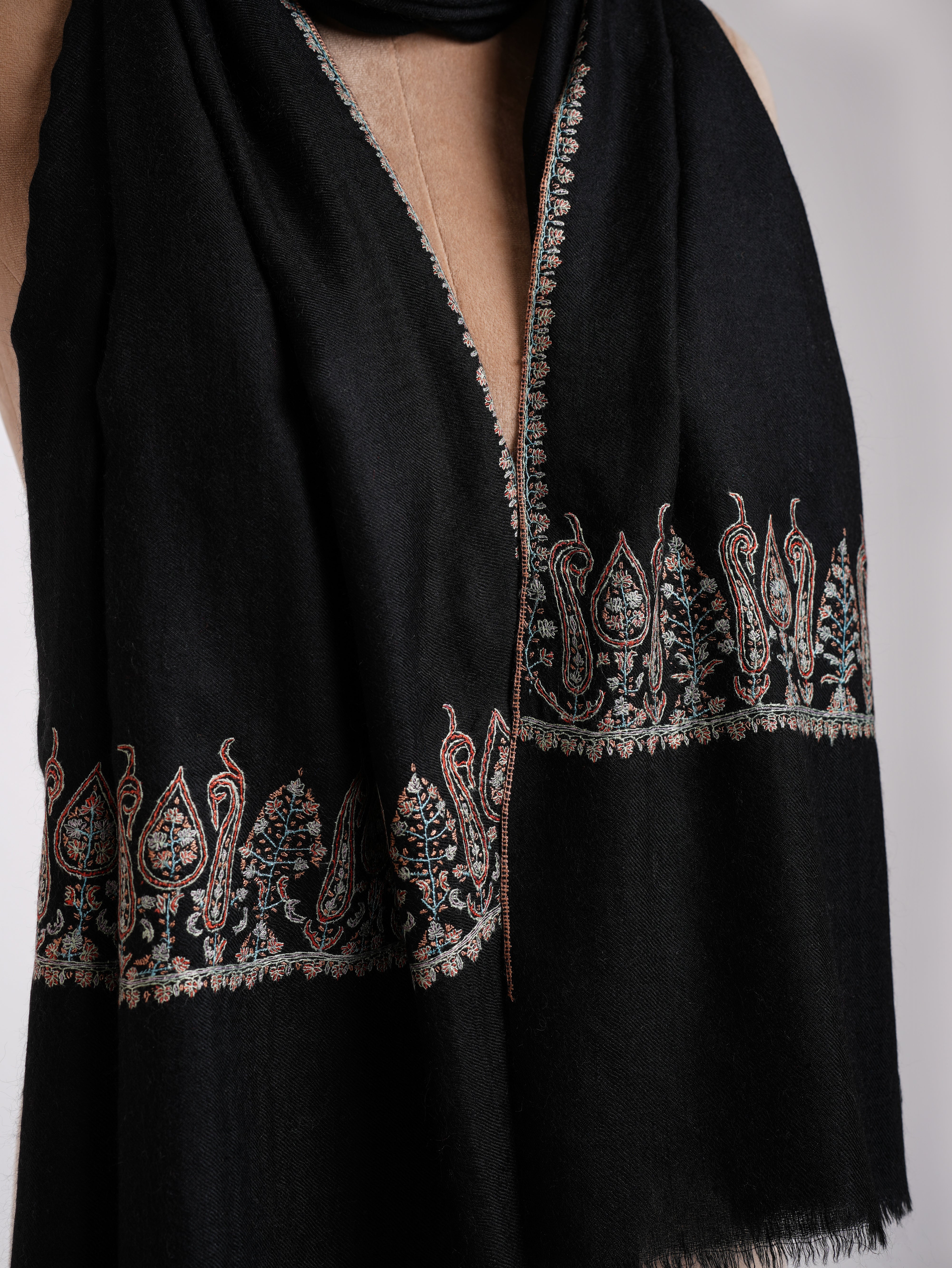 Black Sozni Embroidered Paisley Cashmere Stole