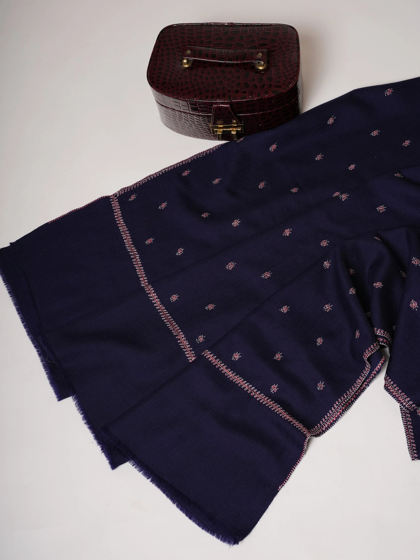 Navy Blue Fine Wool Shawl with Machie Buteh Hand Embroidery Shahkaar